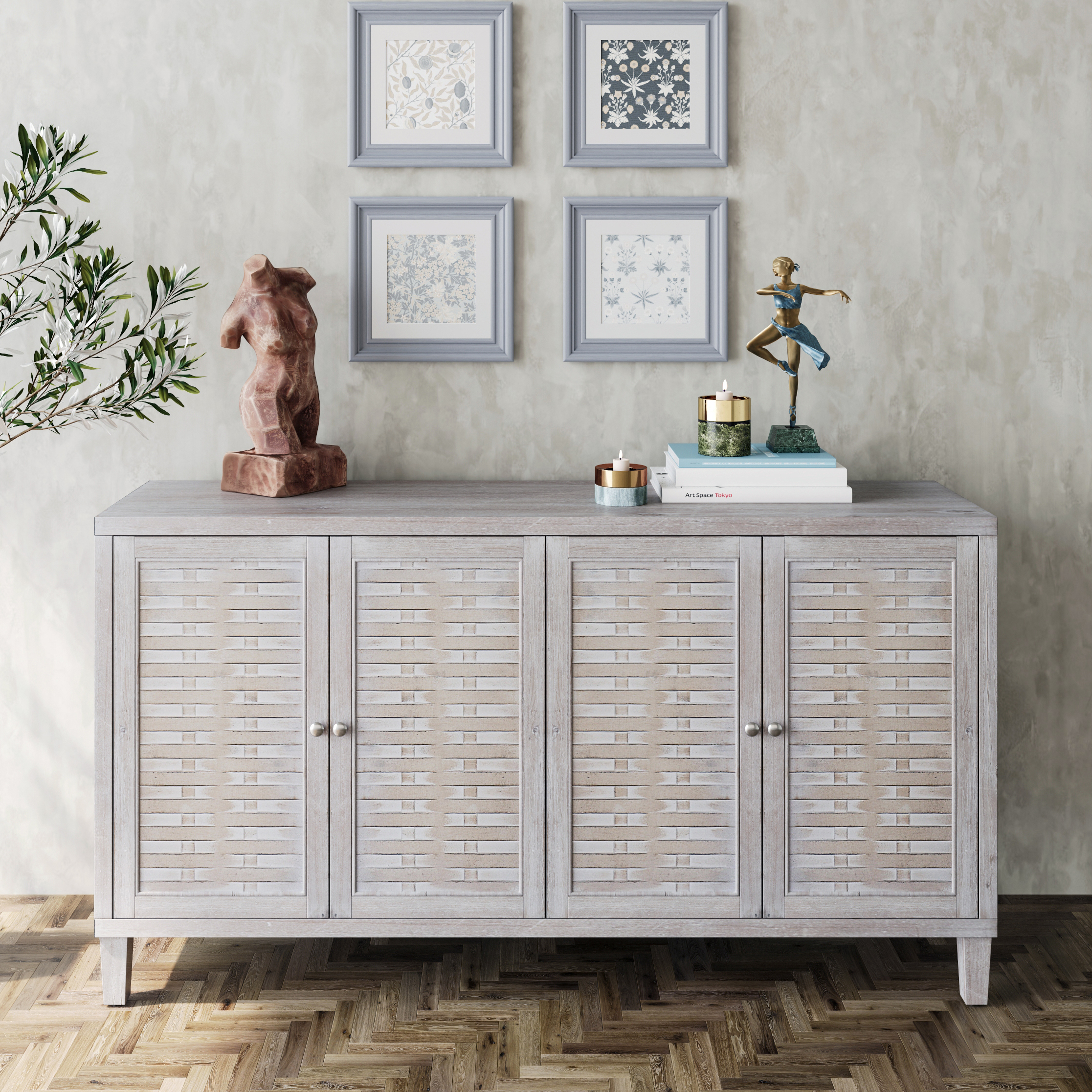 Accent Cabinet 4 Door Wooden Cabinet Sideboard Buffet Server Cabinet Storage Cabinet, for Living Room, Entryway, Hallway, Office, Kitchen and Dining Room, Natural Wood Wash