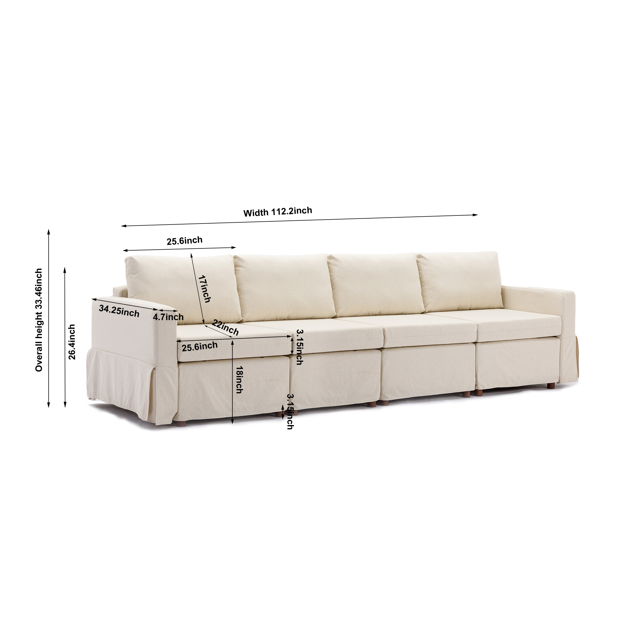 4 Seat Module Sectional Sofa Couch,Seat Cushion and Back Cushion Removable and Washable,Linen Fabric Cover,Cream