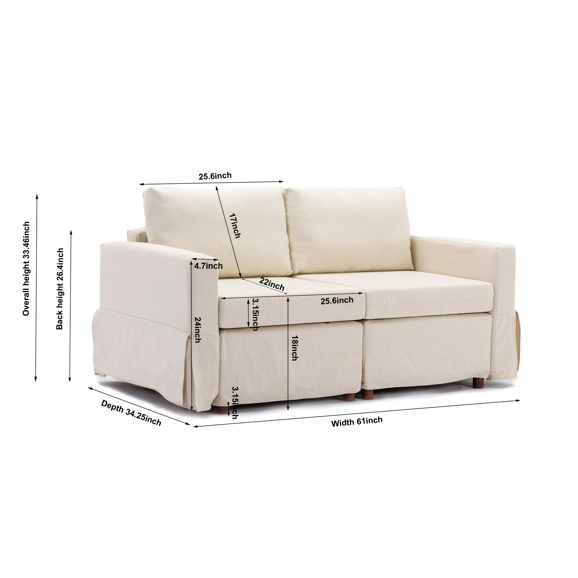 2 Seat Module Sectional Sofa Couch,Seat Cushion and Back Cushion Removable and Washable,Linen Fabric Cover,Cream