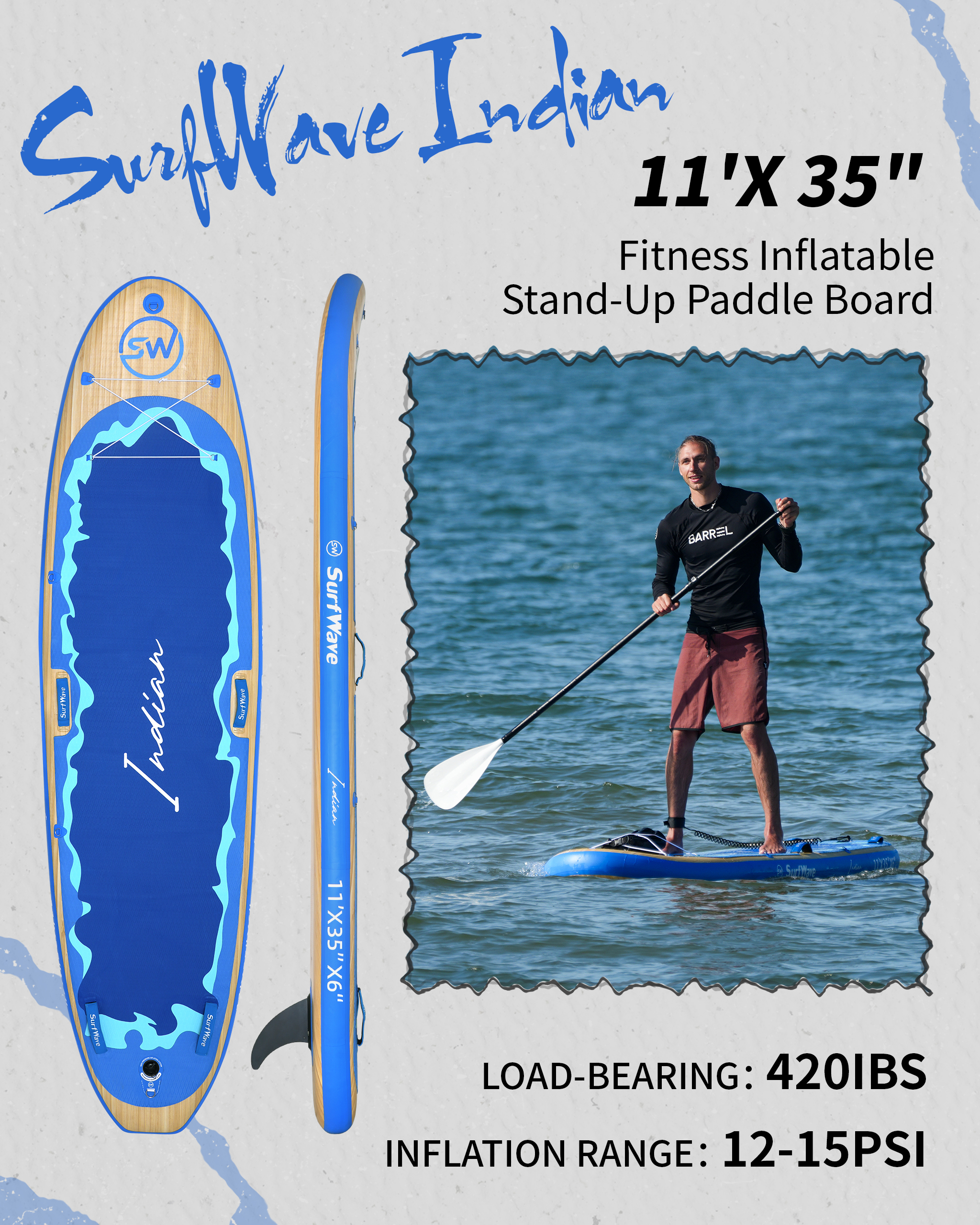 Inflatable Stand Up Paddle Board 11'x34"x6" With Accessories