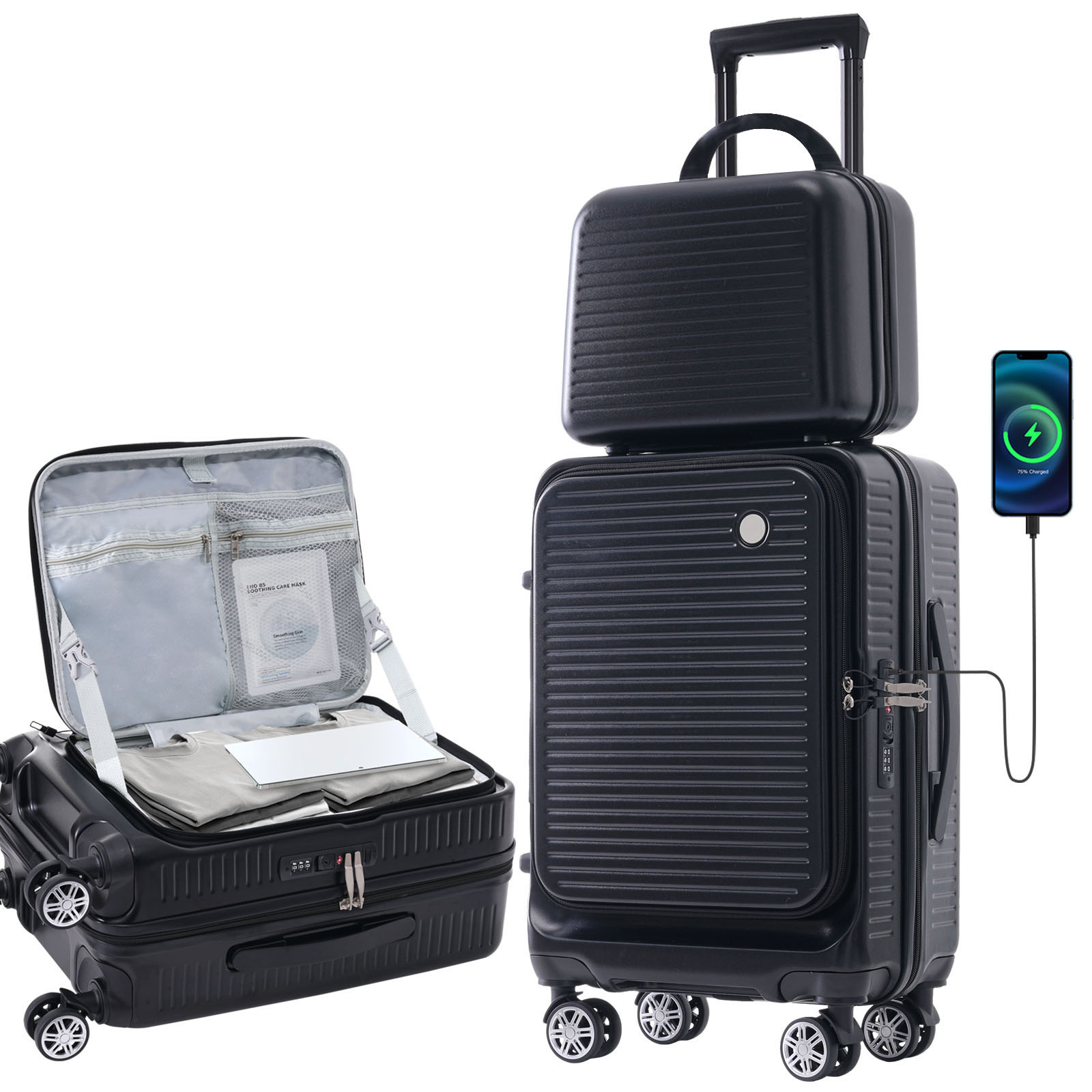 Carry-on Luggage 20 Inch Front Open Luggage Lightweight Suitcase with Front Pocket and USB Port, 1 Portable Carrying Case