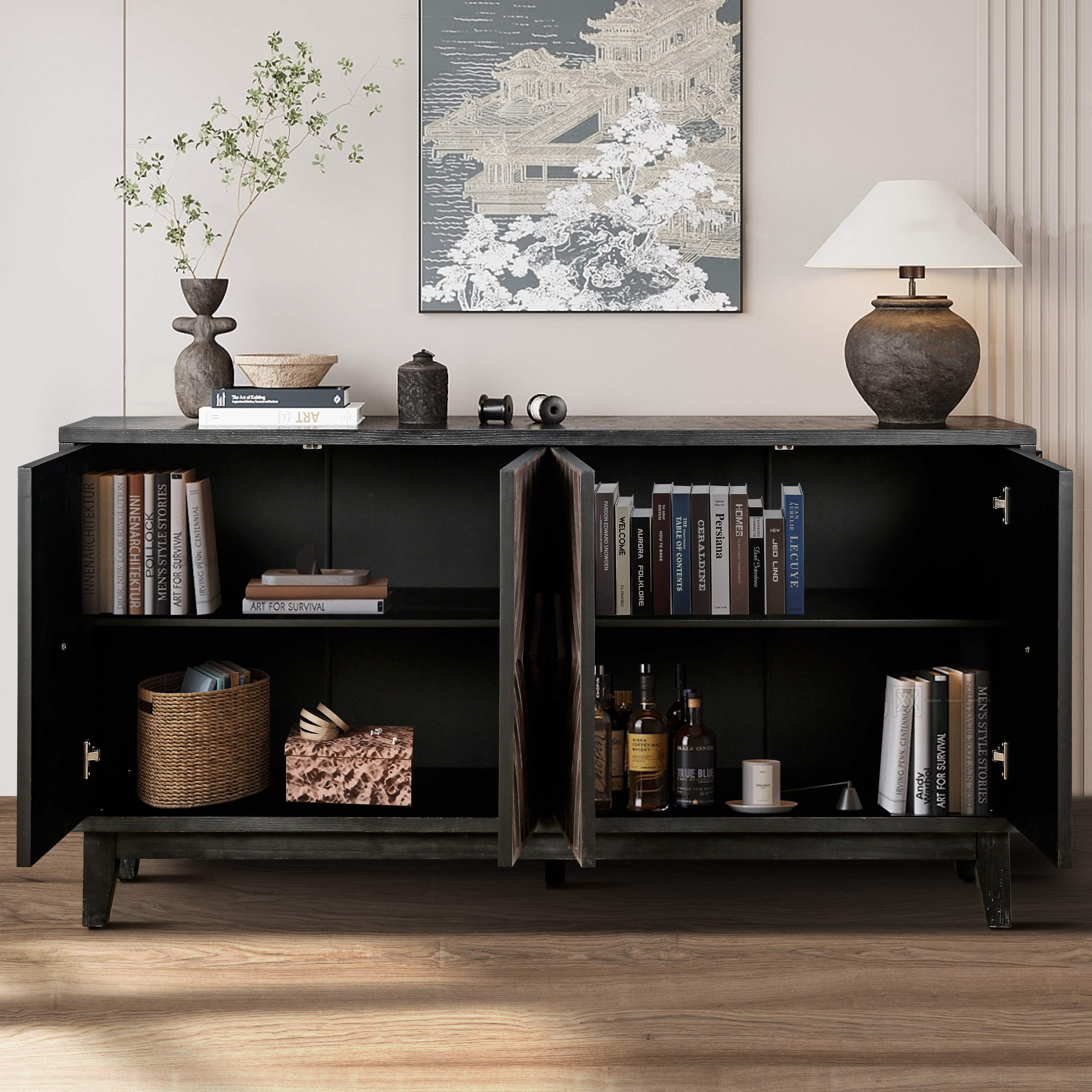 Mid Century Sideboard Buffet Cabinet with Solid Wood Legs 60" Kitchen Storage Cabinet Credenza with 4 Convex pattern diamond Doors and 2 Shelves Accent Console Table for Living Room  Entrance Hall etc