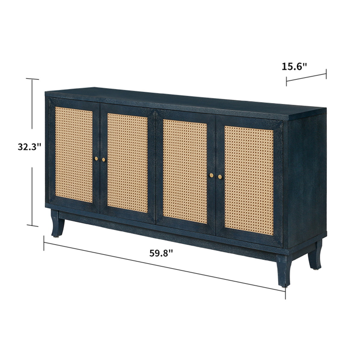 Handcrafted Premium Grain Panels,Rattan Sideboard Buffer Cabinet,Accent Storage Cabinet With 4 Rattan Doors, Modern Storage Cupboard Console Table with Adjustable Shelves for Living Room ,BLUE