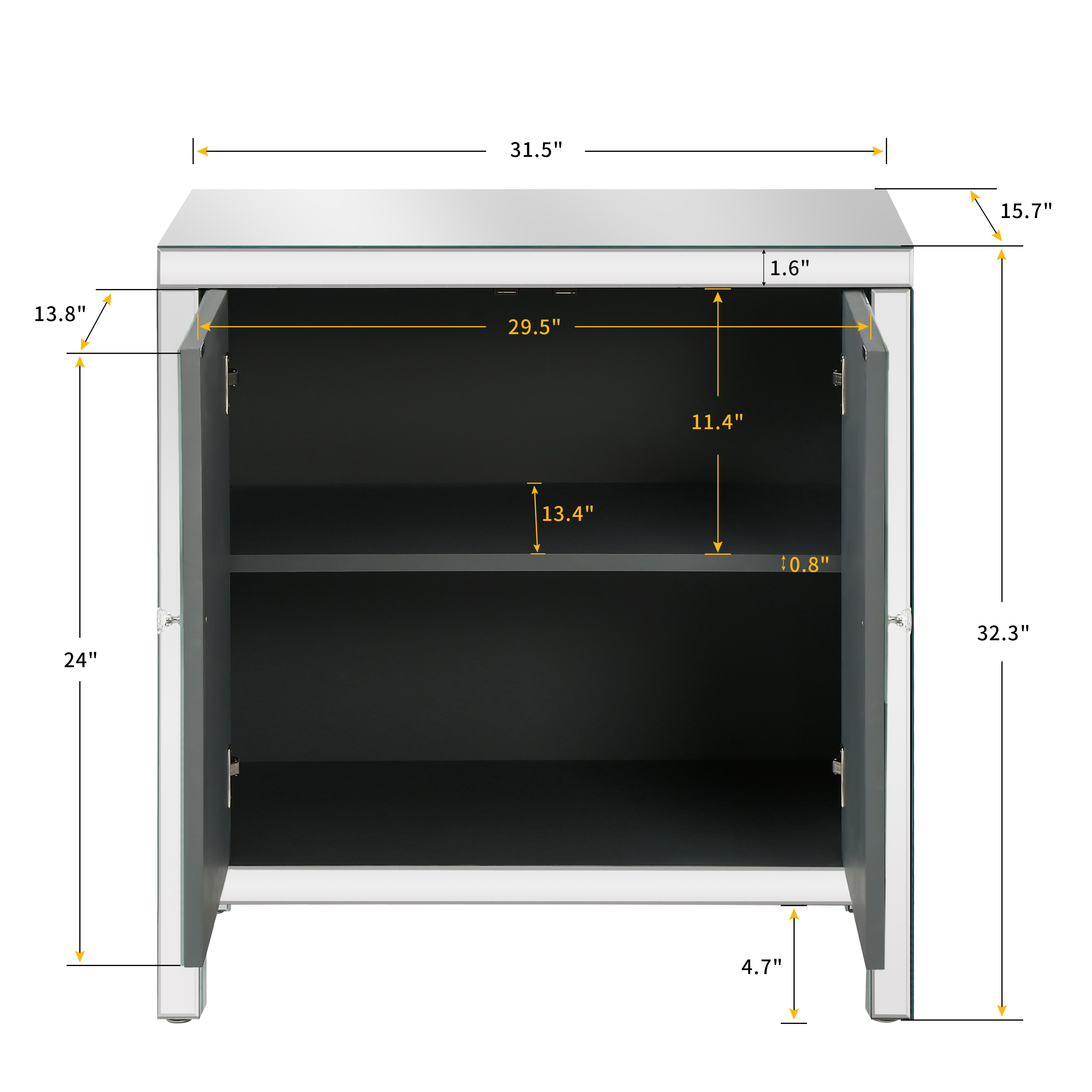 Storage Cabinet with Mirror Trim and M Shape Design, Silver,for Living Room, Dining Room, Entryway, Kitchen