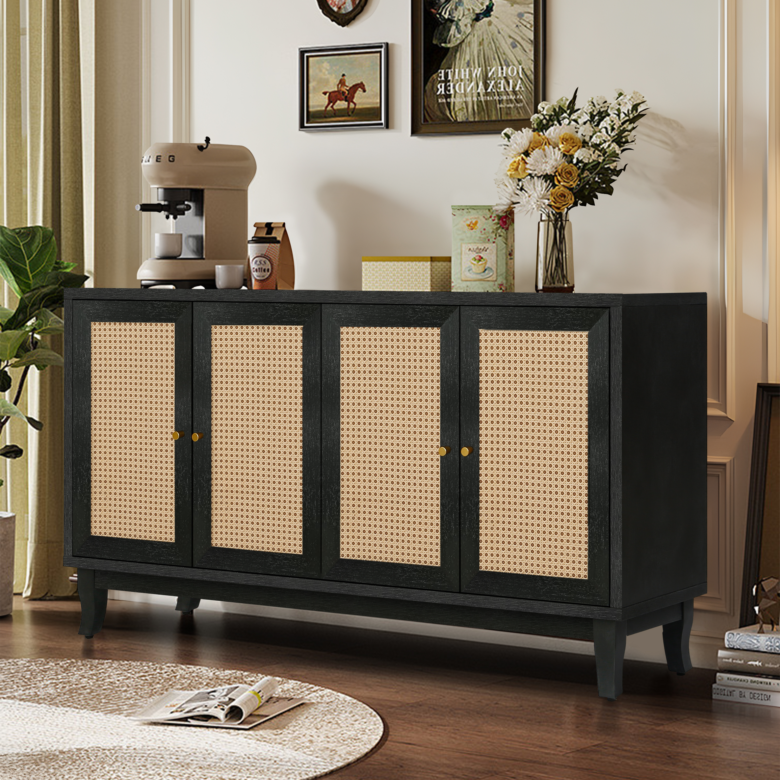 Handcrafted Premium Grain Panels,Rattan Sideboard Buffer Cabinet,Accent Storage Cabinet With 4 Rattan Doors, Modern Storage Cupboard Console Table with Adjustable Shelves for Living Room ,BLACK