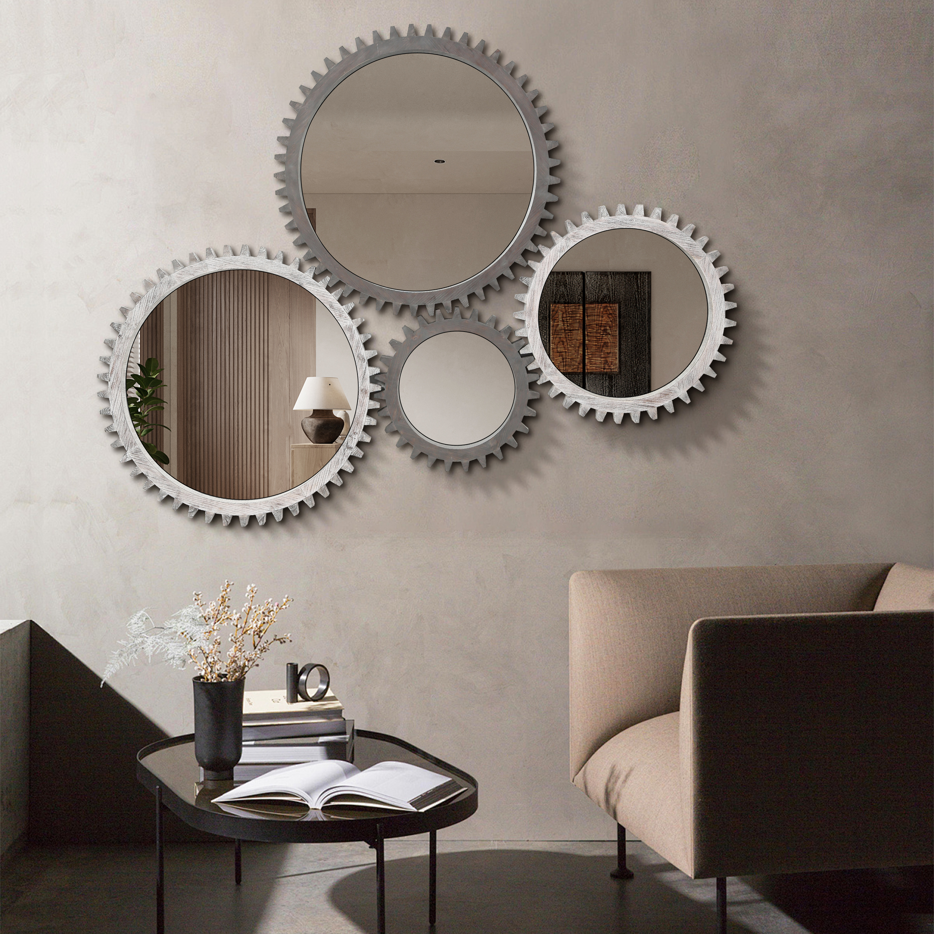 Vintage 17'' x 17'' Wood Round Hanging Gear Shape Decorative Mirror Patchwork Effect With Large-size Mirrors Individually On Art Walls,Sold Individually(Antique Black + Brown)