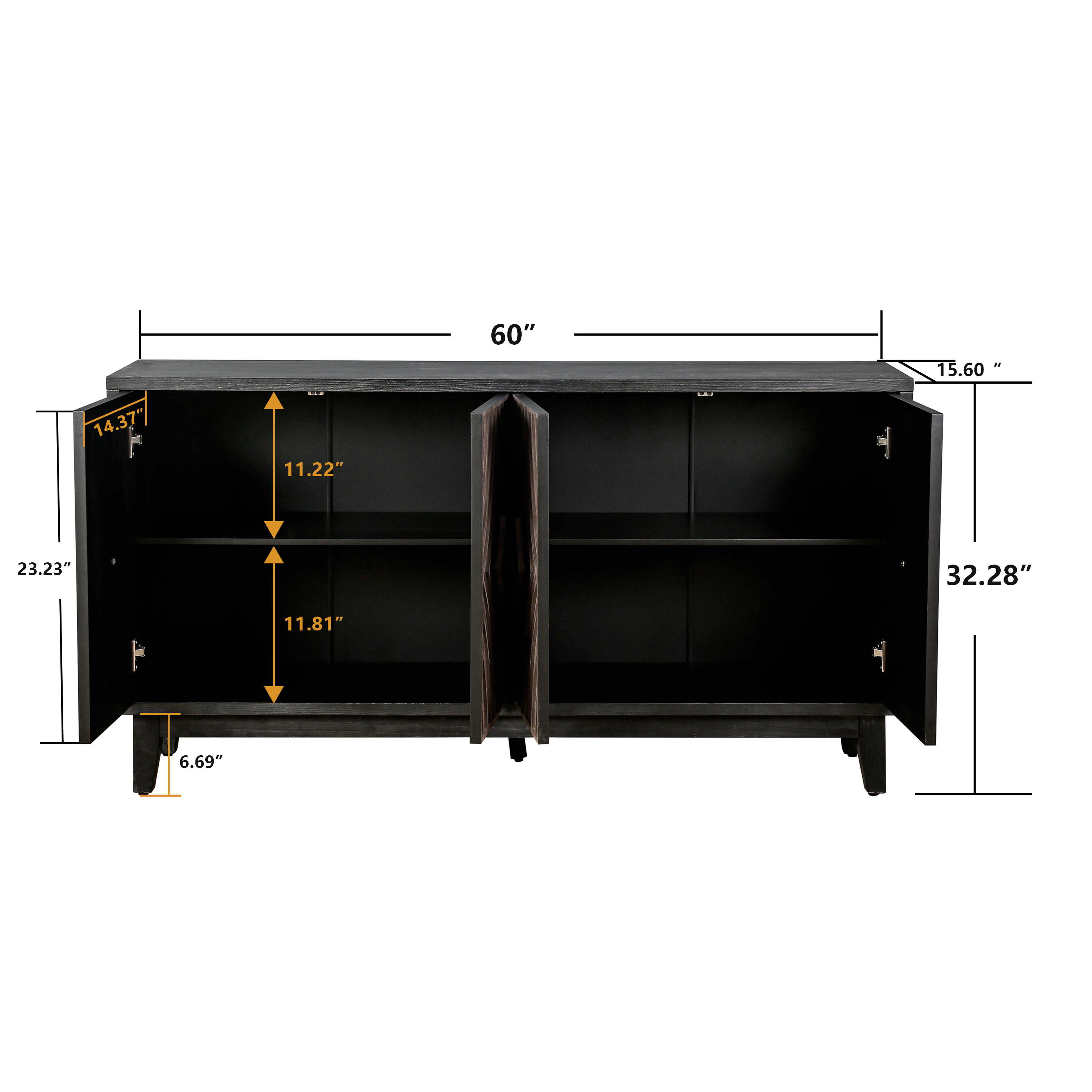 Mid Century Sideboard Buffet Cabinet with Solid Wood Legs 60" Kitchen Storage Cabinet Credenza with 4 Convex pattern diamond Doors and 2 Shelves Accent Console Table for Living Room  Entrance Hall etc