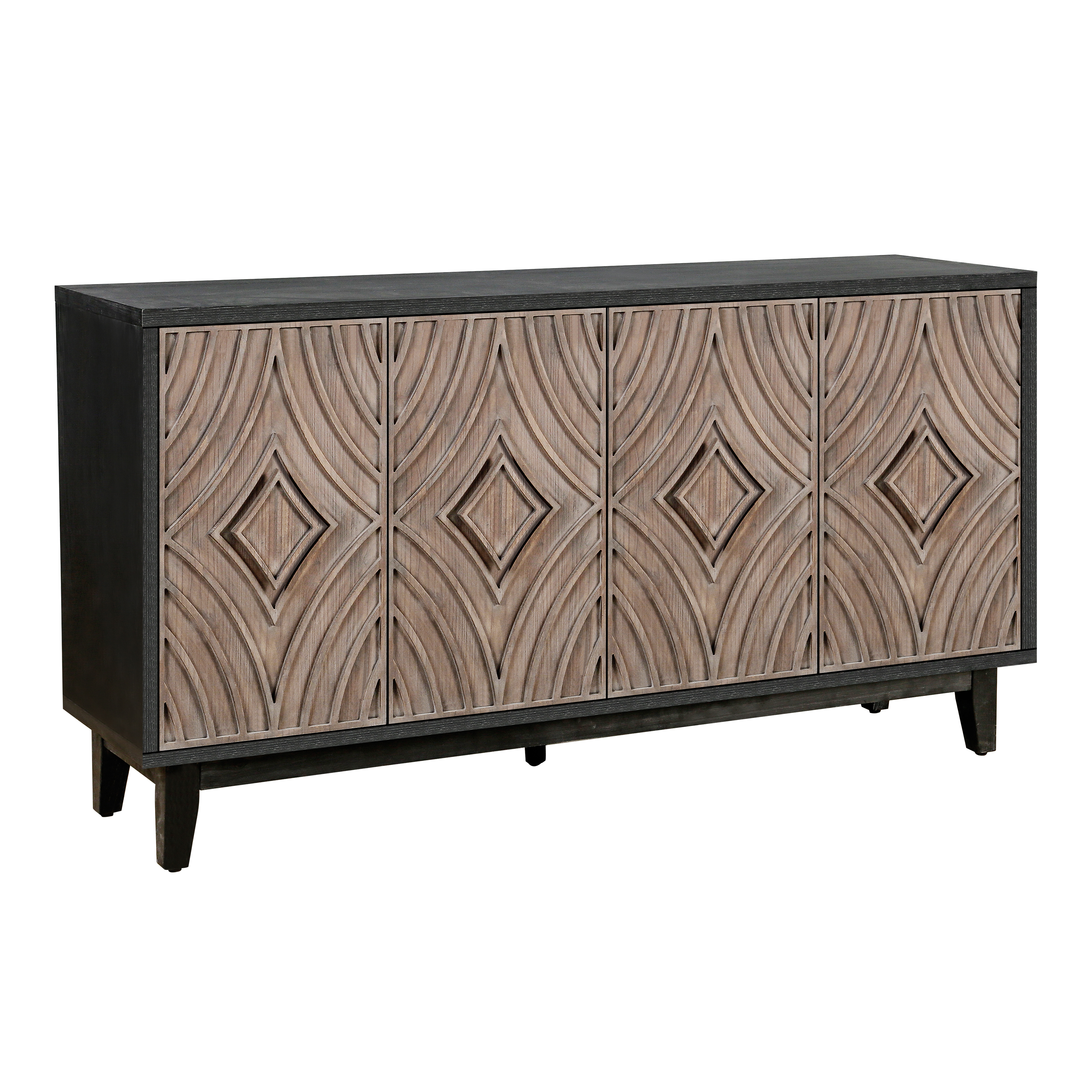 Mid Century Sideboard Buffet Cabinet with Solid Wood Legs 60" Kitchen Storage Cabinet Credenza with 4 Convex pattern diamond Doors and 2 Shelves Accent Console Table for Living Room  Entrance Hall etc