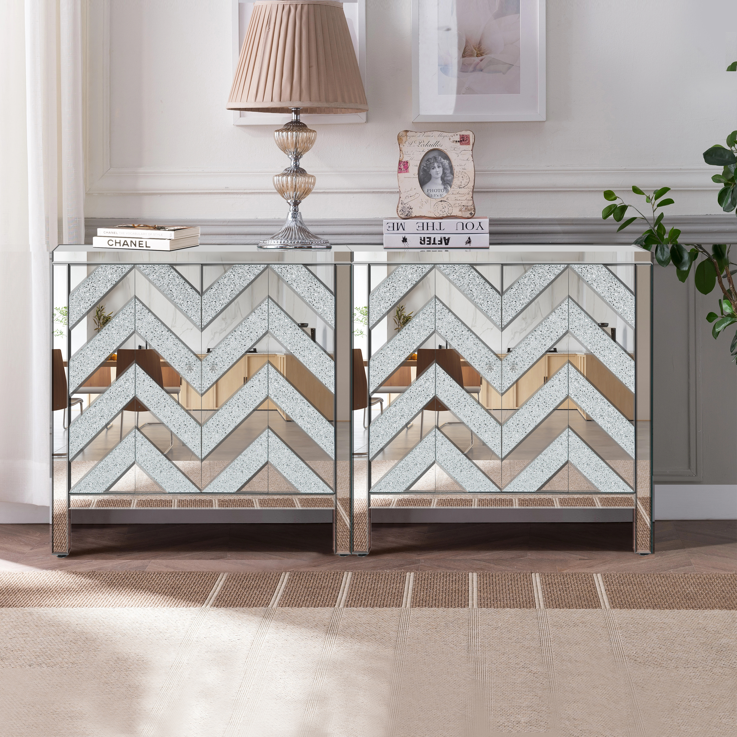 Storage Cabinet with Mirror Trim and M Shape Design, Silver,for Living Room, Dining Room, Entryway, Kitchen