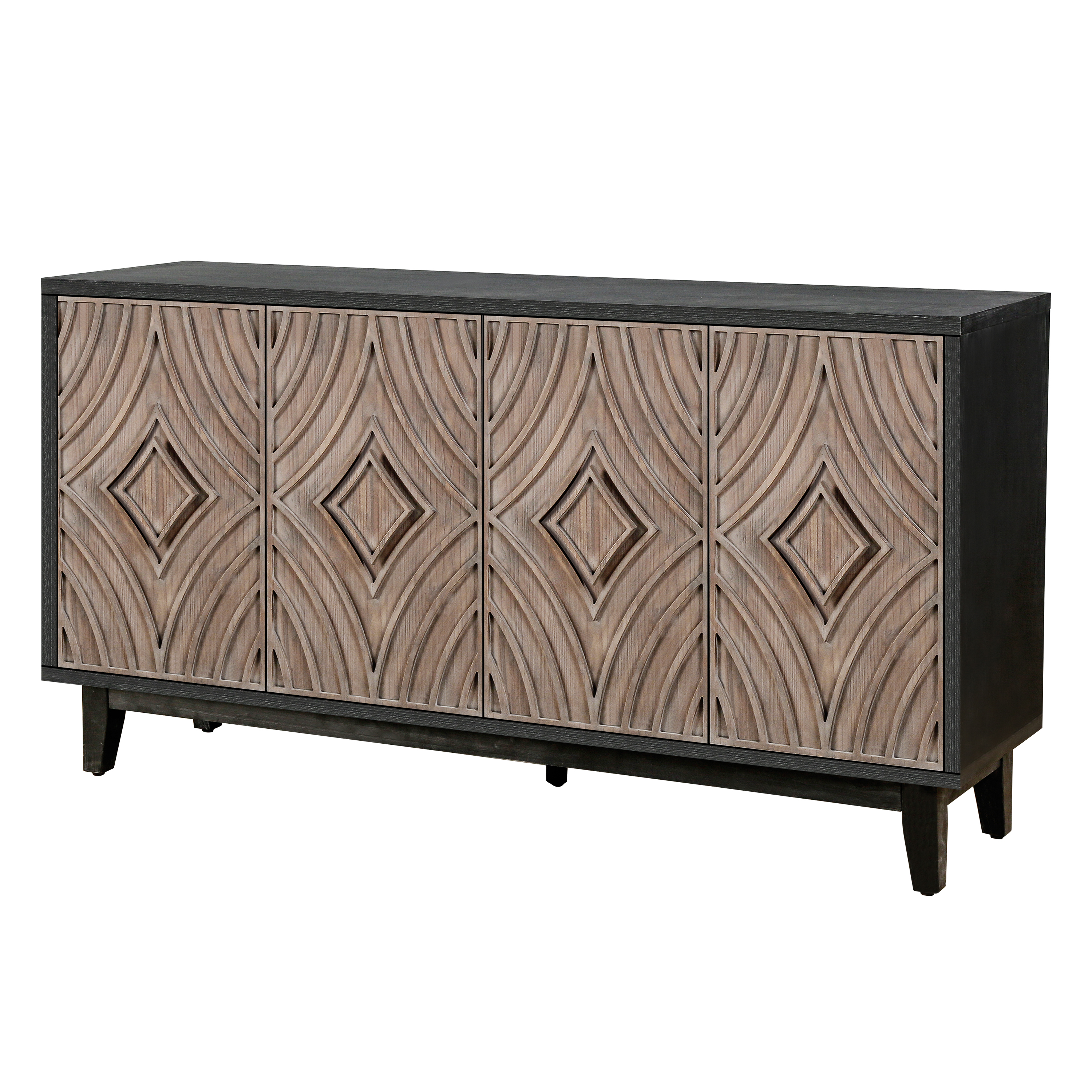 Mid Century Sideboard Buffet Cabinet with Solid Wood Legs 60" Kitchen Storage Cabinet Credenza with 4 Convex pattern diamond Doors and 2 Shelves Accent Console Table for Living Room  Entrance Hall etc