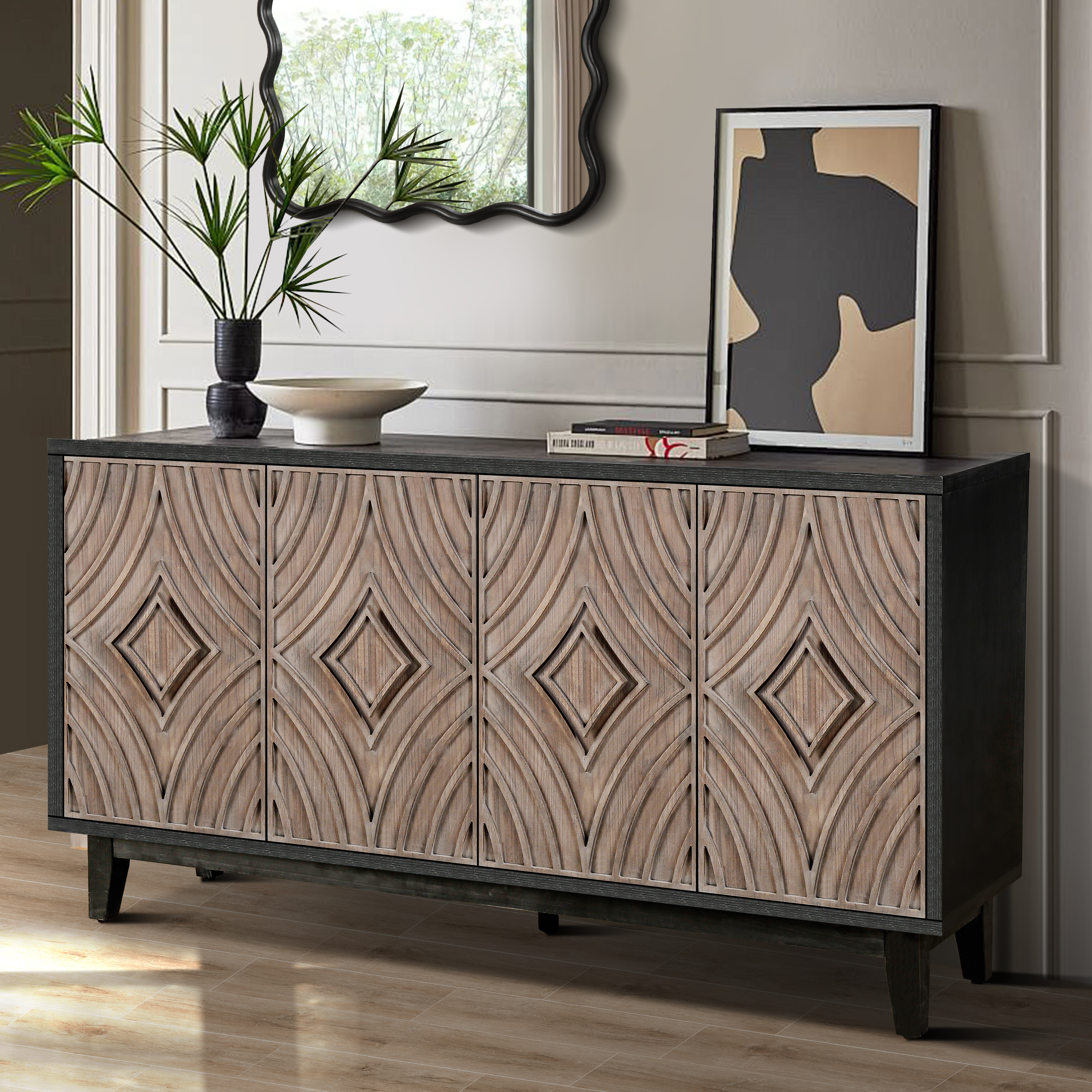 Mid Century Sideboard Buffet Cabinet with Solid Wood Legs 60" Kitchen Storage Cabinet Credenza with 4 Convex pattern diamond Doors and 2 Shelves Accent Console Table for Living Room  Entrance Hall etc