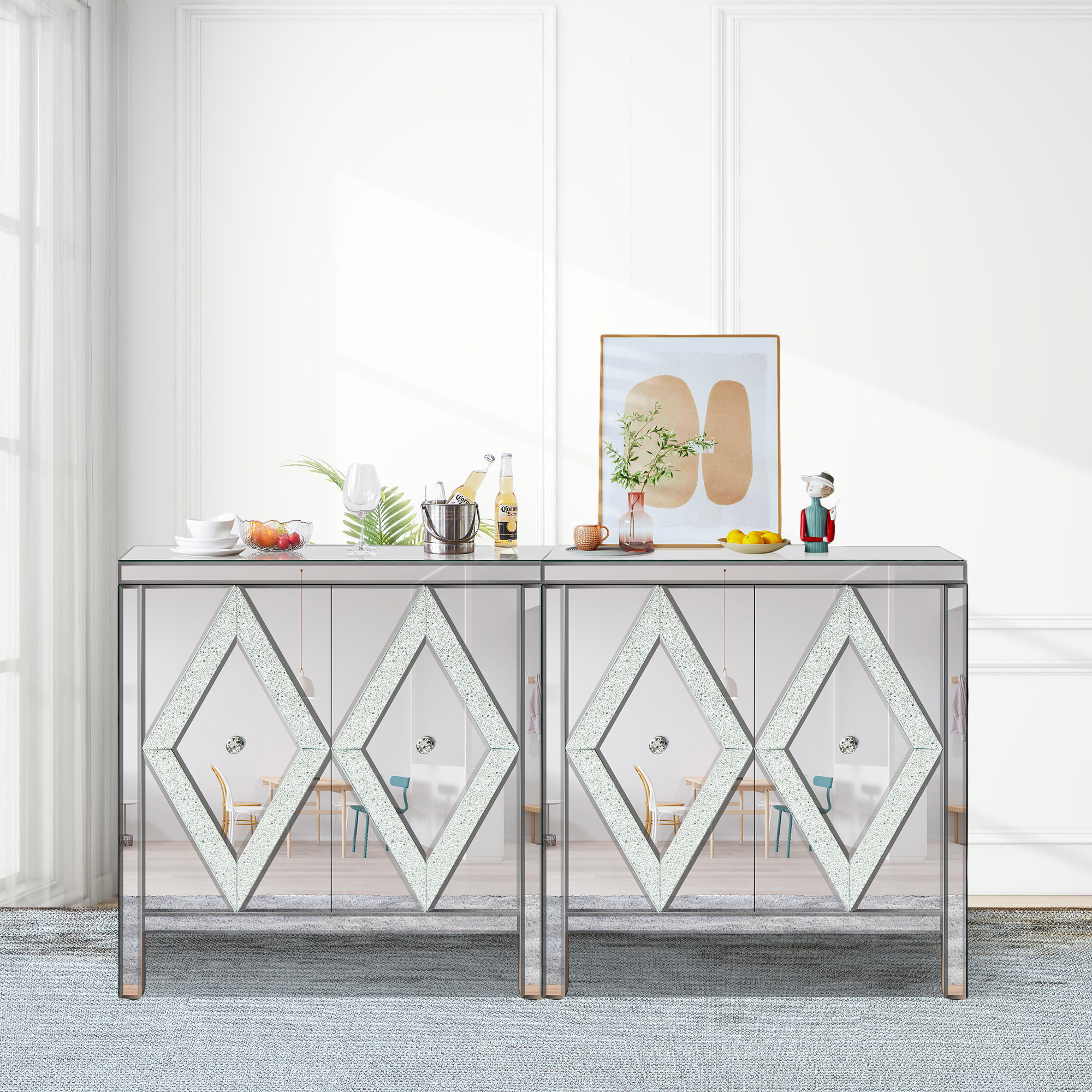 Storage Cabinet with Mirror Trim and Diamond Shape Design, Silver ,for Living Room, Dining Room, Entryway, Kitchen