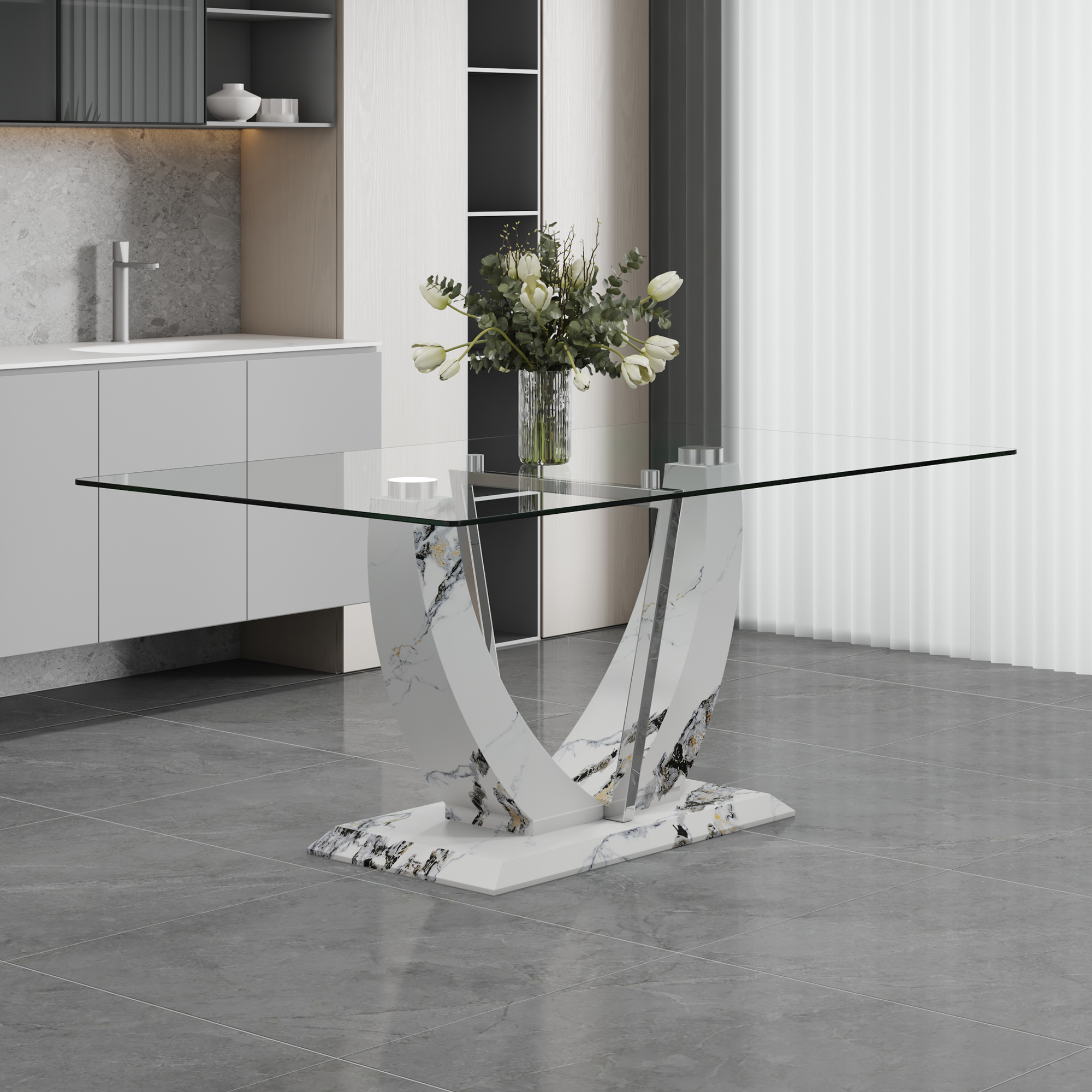 A modern and simple rectangular glass table, equipped with a 0.39-inch tempered glass table and medium density board legs, and stainless steel support shelves. Used in the kitchen, dining room F-907