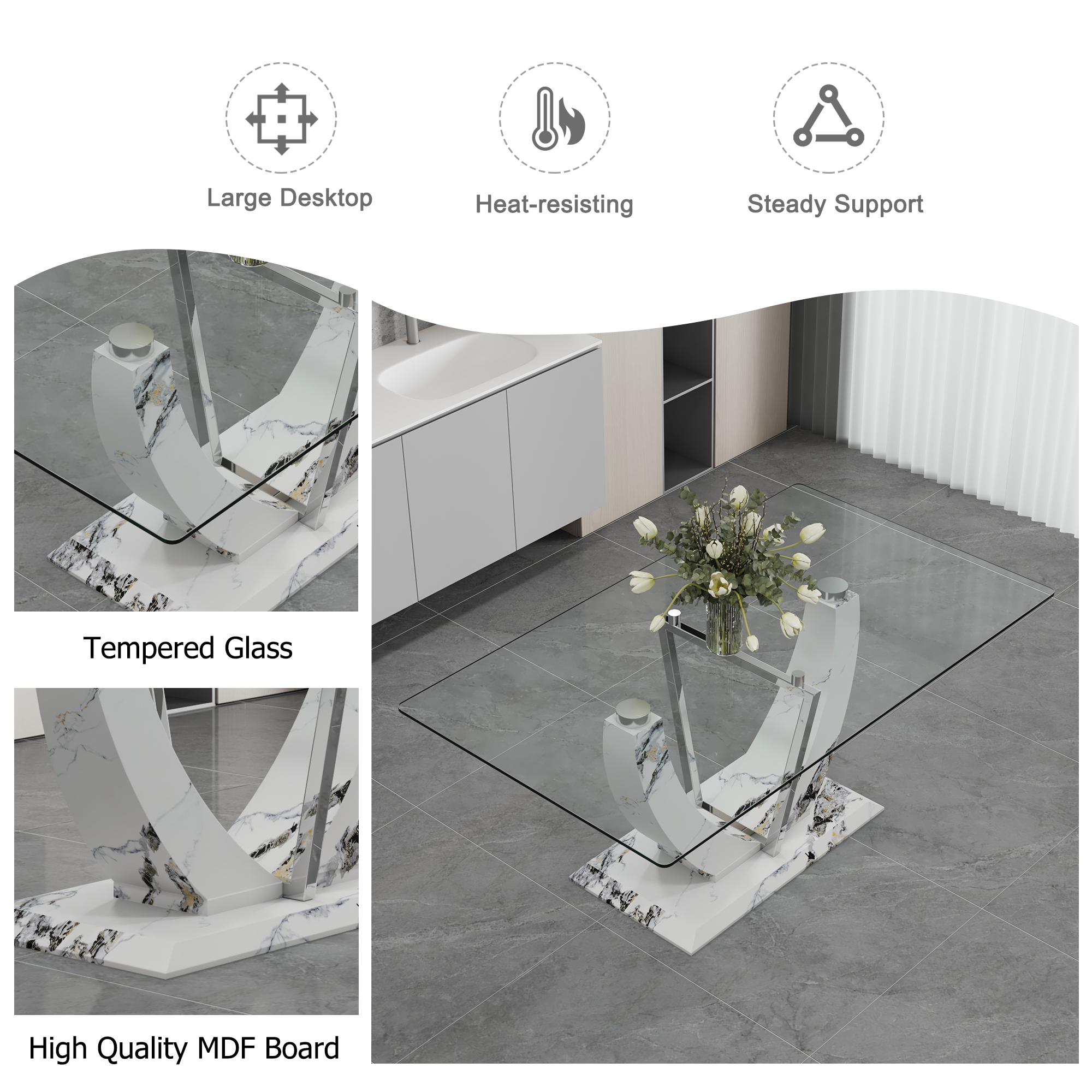 A modern and simple rectangular glass table, equipped with a 0.39-inch tempered glass table and medium density board legs, and stainless steel support shelves. Used in the kitchen, dining room F-907