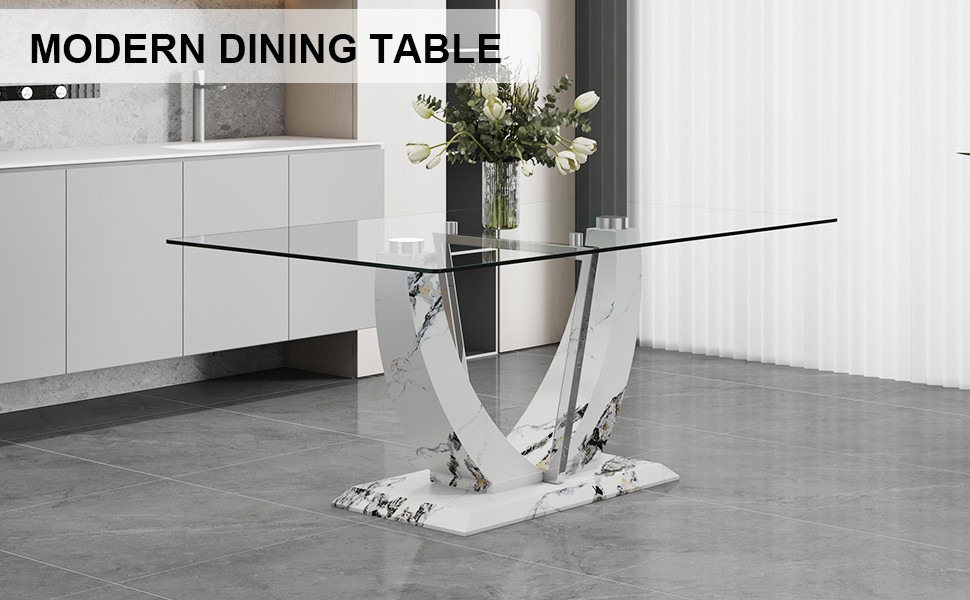 A modern and simple rectangular glass table, equipped with a 0.39-inch tempered glass table and medium density board legs, and stainless steel support shelves. Used in the kitchen, dining room F-907