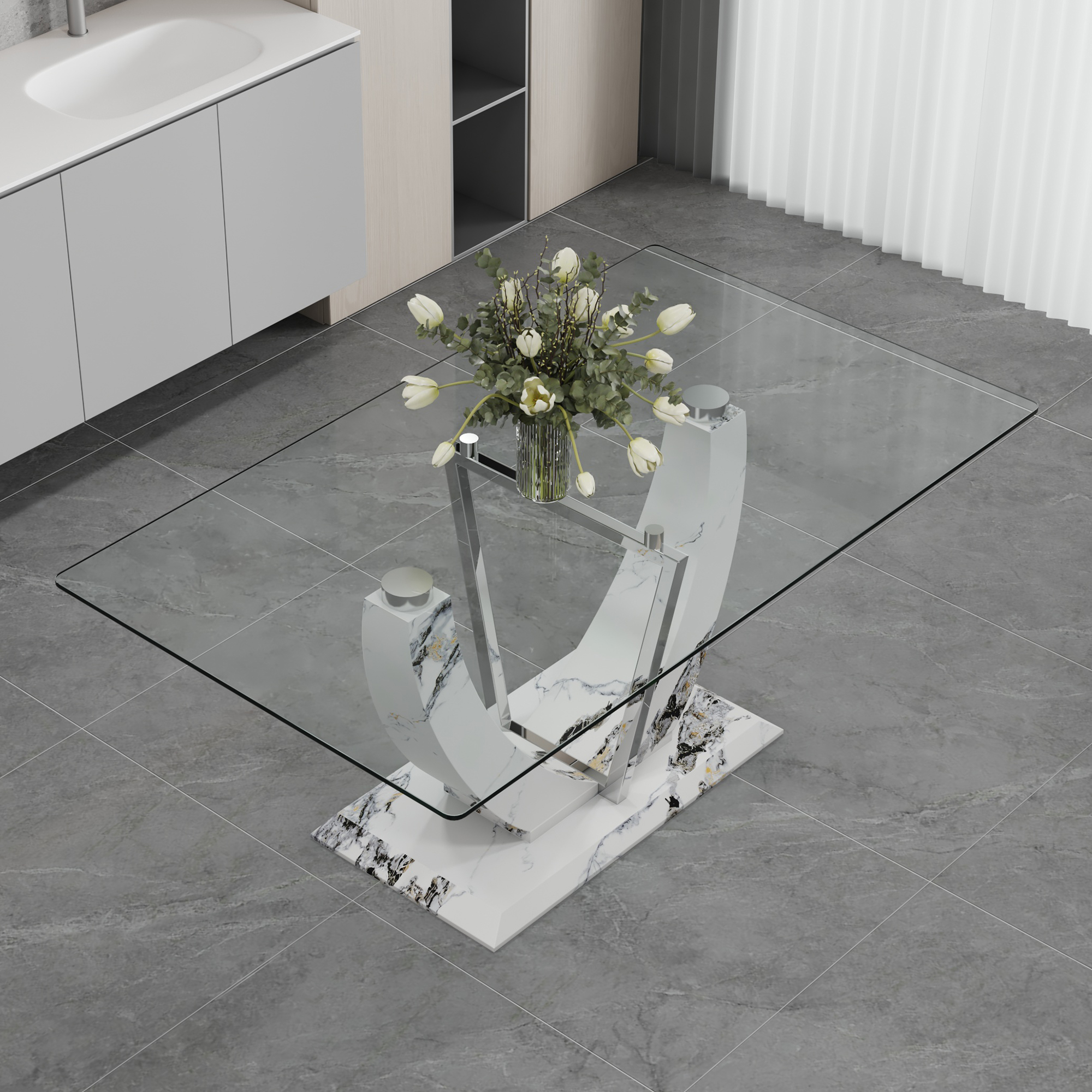 A modern and simple rectangular glass table, equipped with a 0.39-inch tempered glass table and medium density board legs, and stainless steel support shelves. Used in the kitchen, dining room F-907