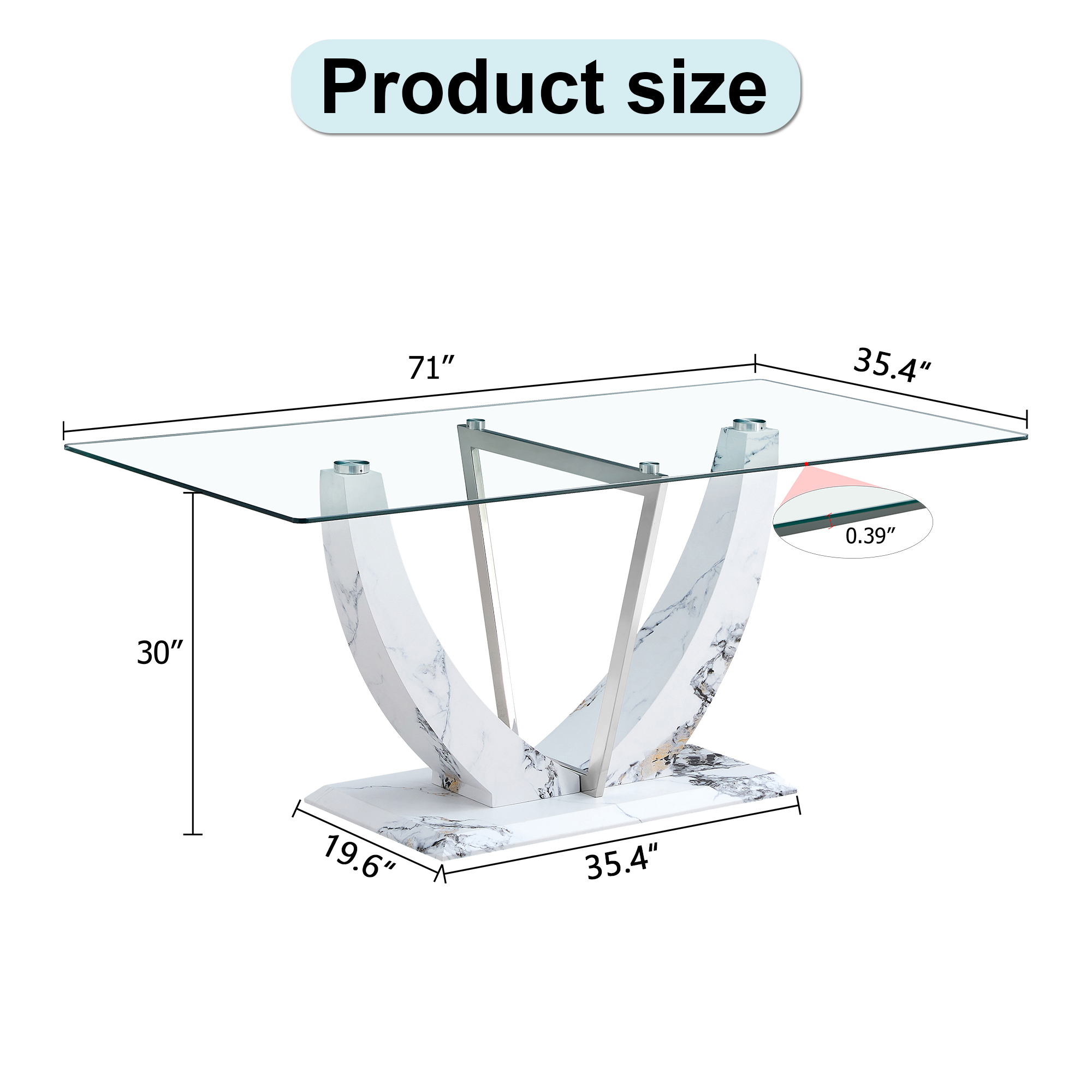 A modern and simple rectangular glass table, equipped with a 0.39-inch tempered glass table and medium density board legs, and stainless steel support shelves. Used in the kitchen, dining room F-907