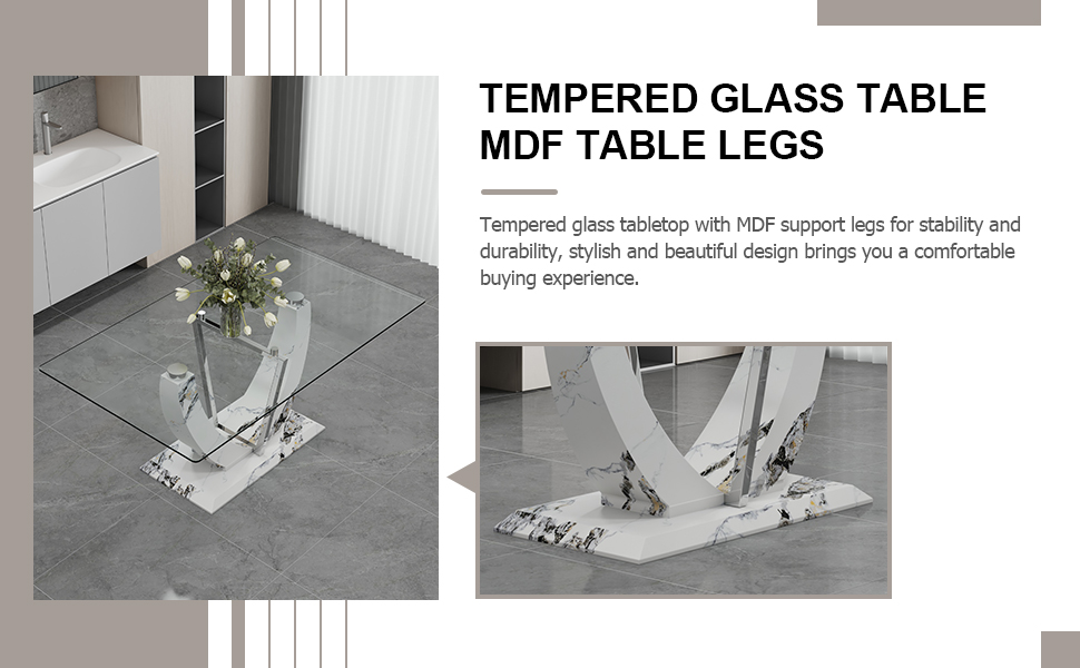 A modern and simple rectangular glass table, equipped with a 0.39-inch tempered glass table and medium density board legs, and stainless steel support shelves. Used in the kitchen, dining room F-907