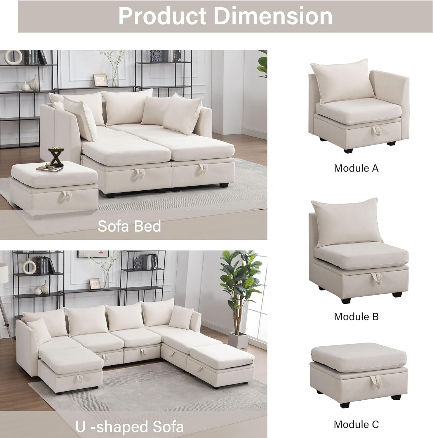 Modular Sectional Sofa, Convertible Sofa Couch with Storage, Sleeper Sectional Sofa Set, Flexible Modular Combinations Fabric Couch for Living Room,Beige