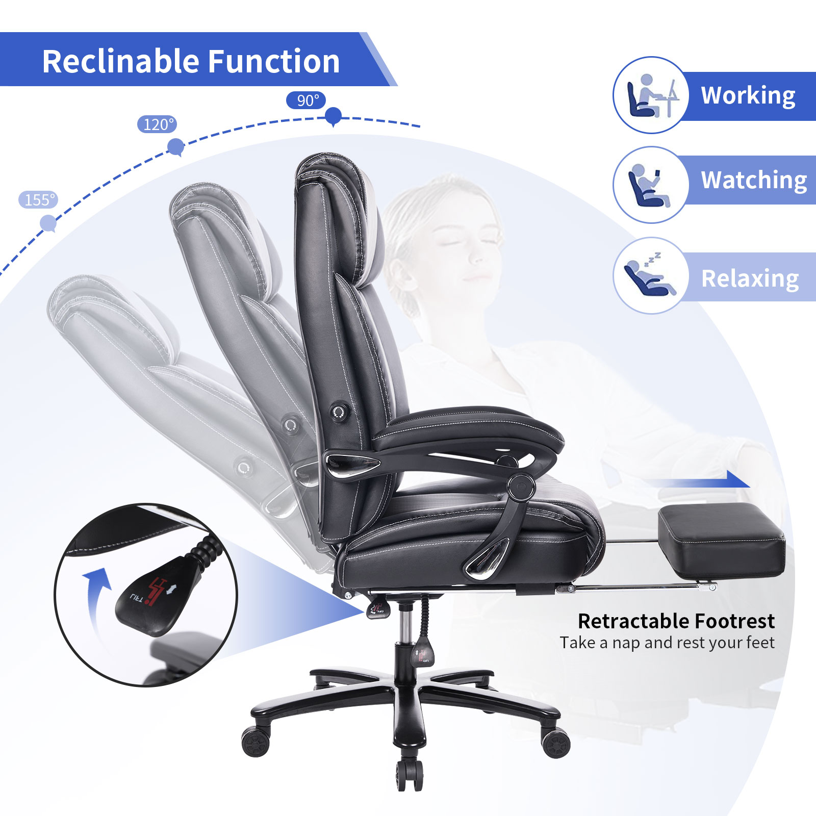 Office Chair with Footrest 400lb Big and Tall Computer Gaming Chair Ergonomic Executive High Back Reclining Leather Desk Chair with Adjustable Lumbar Support and Heavy Duty Metal Base