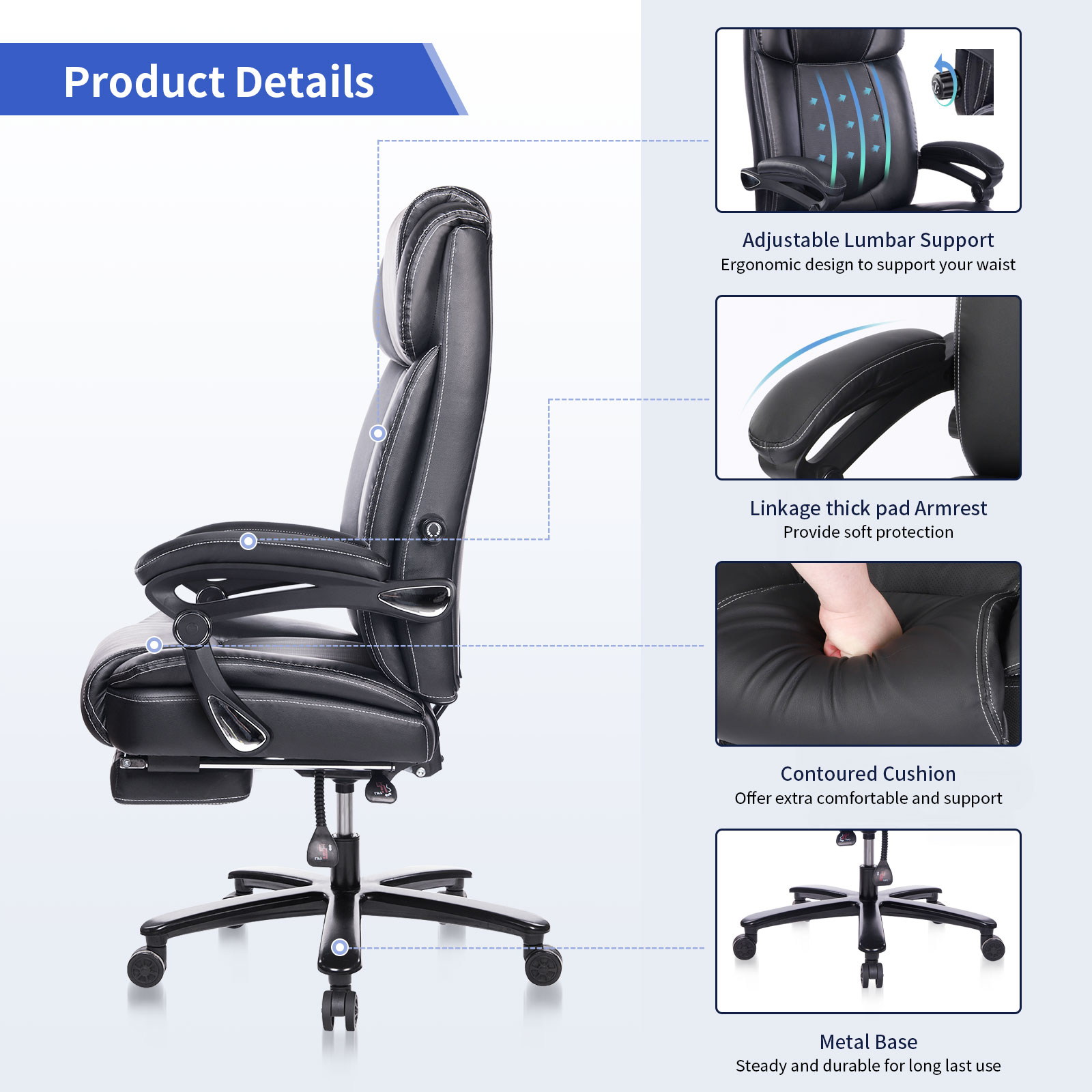 Office Chair with Footrest 400lb Big and Tall Computer Gaming Chair Ergonomic Executive High Back Reclining Leather Desk Chair with Adjustable Lumbar Support and Heavy Duty Metal Base