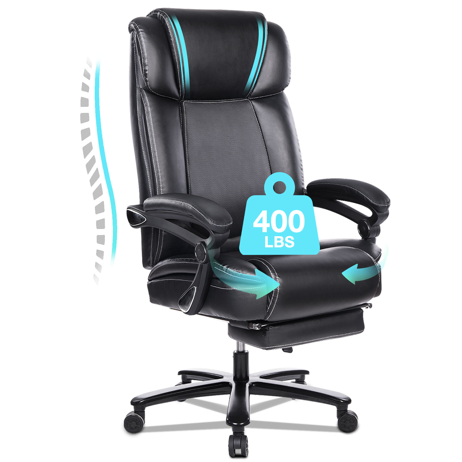 Office Chair with Footrest 400lb Big and Tall Computer Gaming Chair Ergonomic Executive High Back Reclining Leather Desk Chair with Adjustable Lumbar Support and Heavy Duty Metal Base