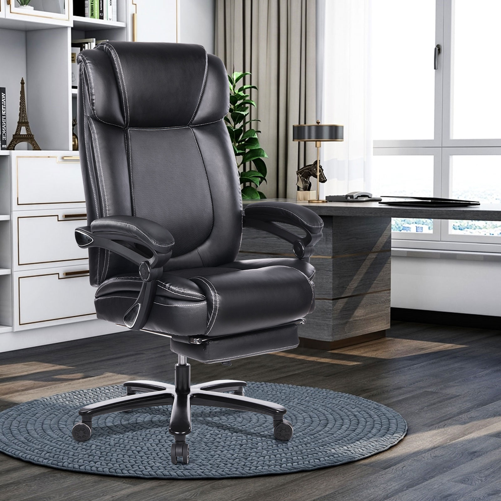 Office Chair with Footrest 400lb Big and Tall Computer Gaming Chair Ergonomic Executive High Back Reclining Leather Desk Chair with Adjustable Lumbar Support and Heavy Duty Metal Base