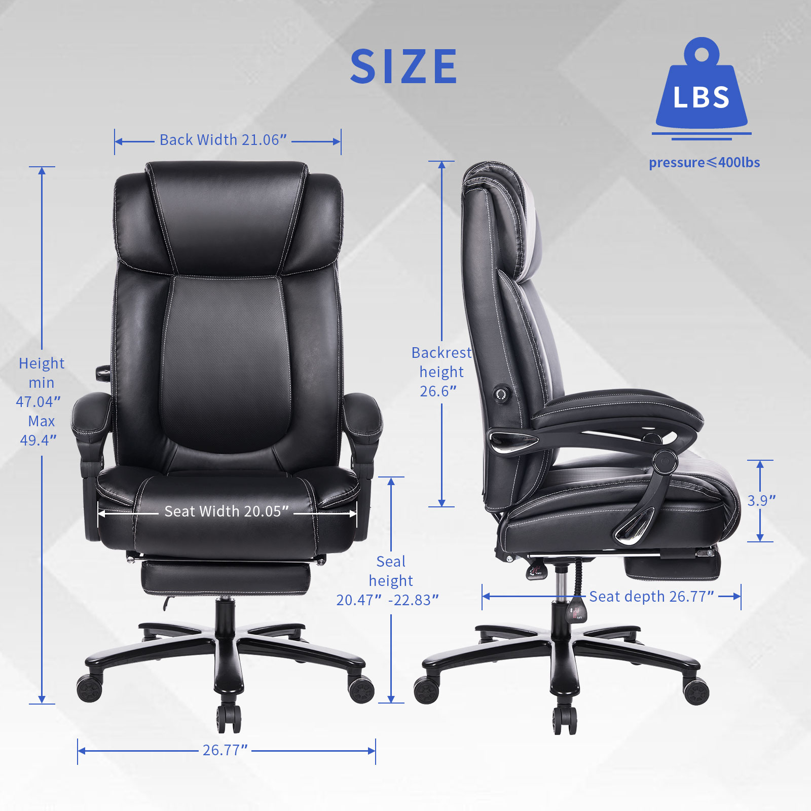 Office Chair with Footrest 400lb Big and Tall Computer Gaming Chair Ergonomic Executive High Back Reclining Leather Desk Chair with Adjustable Lumbar Support and Heavy Duty Metal Base