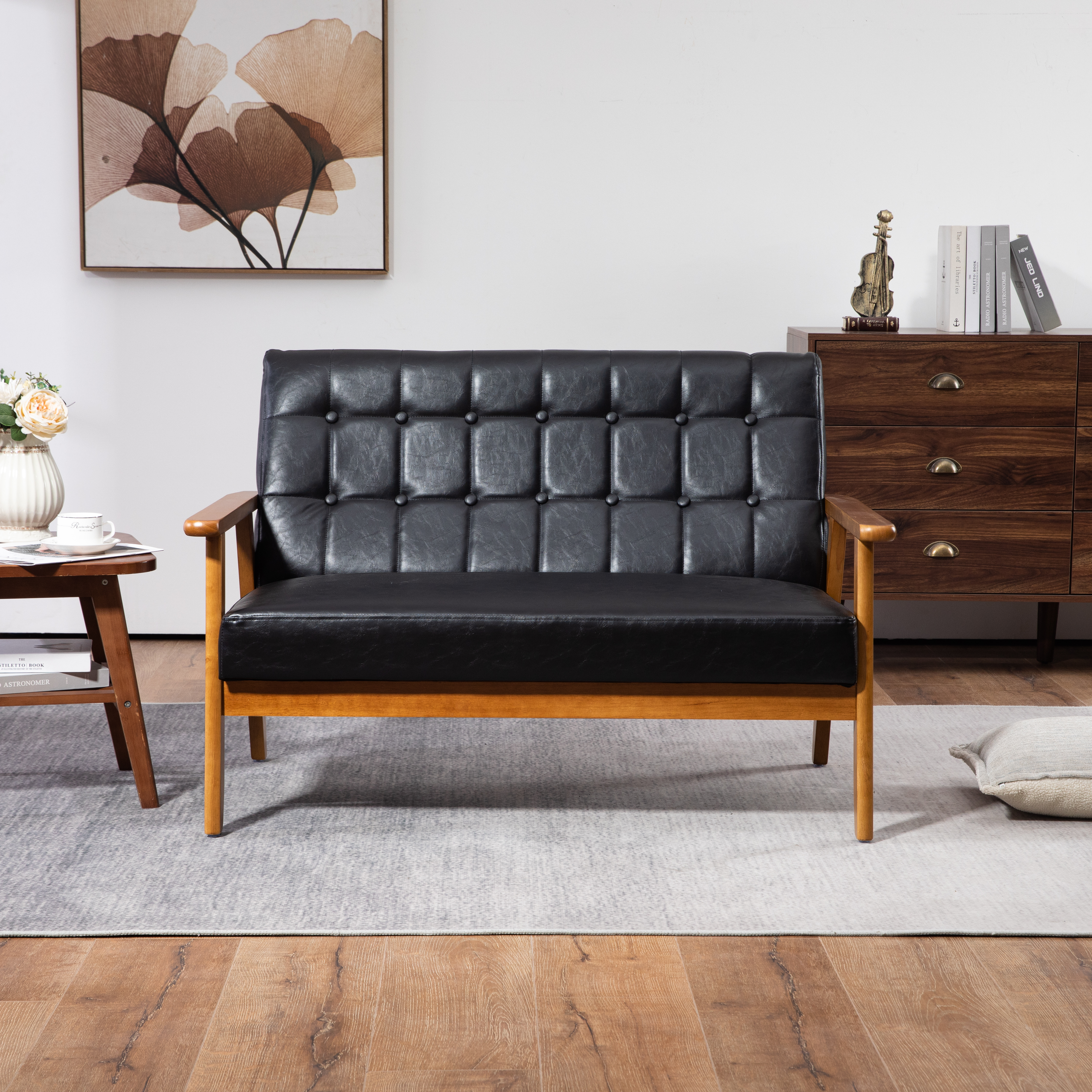 COOLMORE Mid-Century Modern Solid Loveseat Sofa Upholstered Pu Leather Loveseat, 2-Seat Upholstered Loveseat Sofa Modern Couch