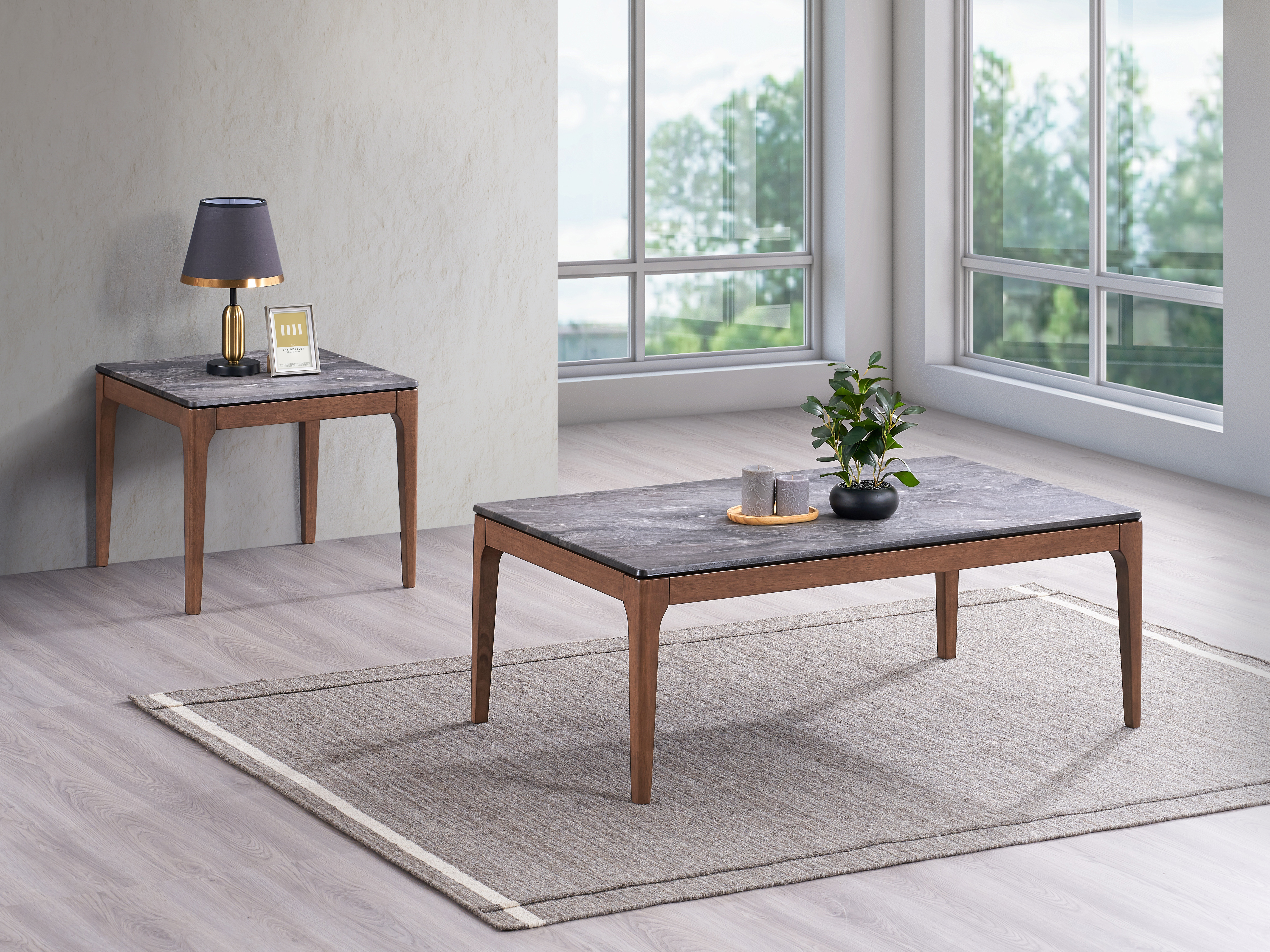 ACME Bevis Coffee Table, Engineered Stone & Walnut Finish LV02645