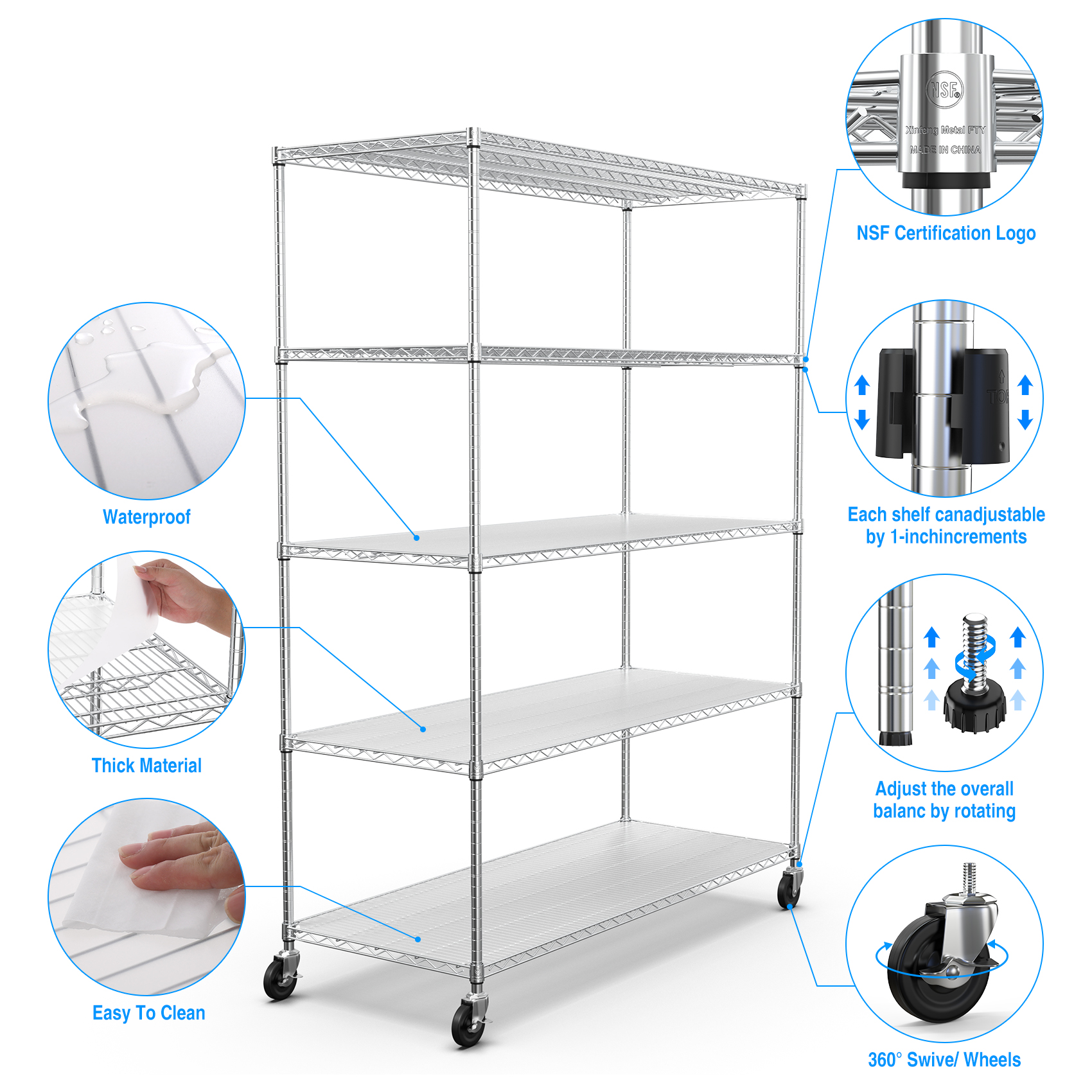 5 Tier 7500lbs Heavy Duty Adjustable Storage Rack Metal Shelf Wire Shelving Unit with Wheels & Shelf Liners - 82" H x 60" L x 24" D - Chrome