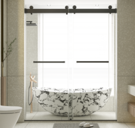 56-60 inches W *76 inches H  Frameless Double Sliding Soft-Close Shower Door in Matte Black,3/8 inches (10mm) Thick SGCC Tempered Glass  Door with Explosion Proof Film(ED)