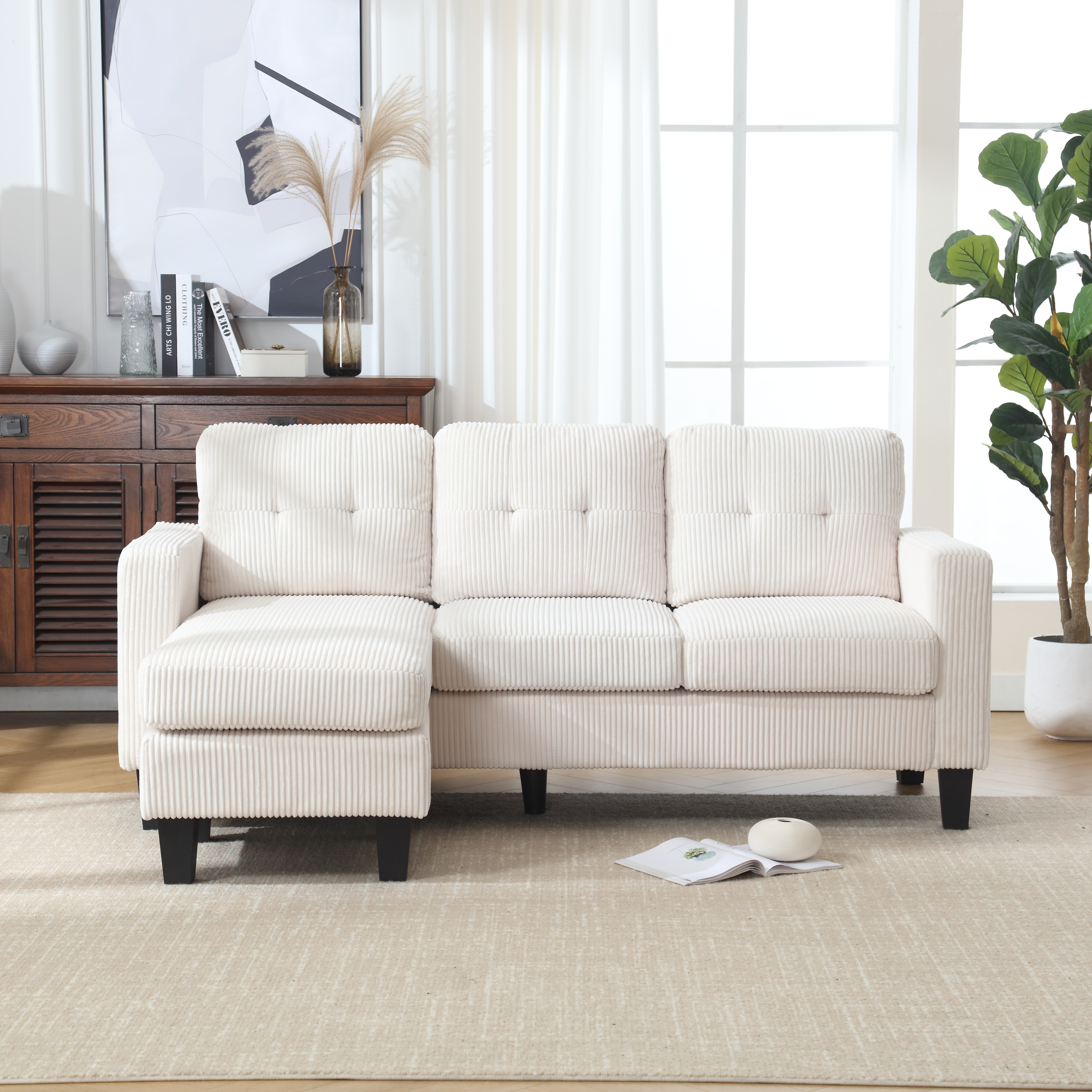 Velvet Sectional Couch with , L Shaped Sofa with Ottoman for Small Apartment