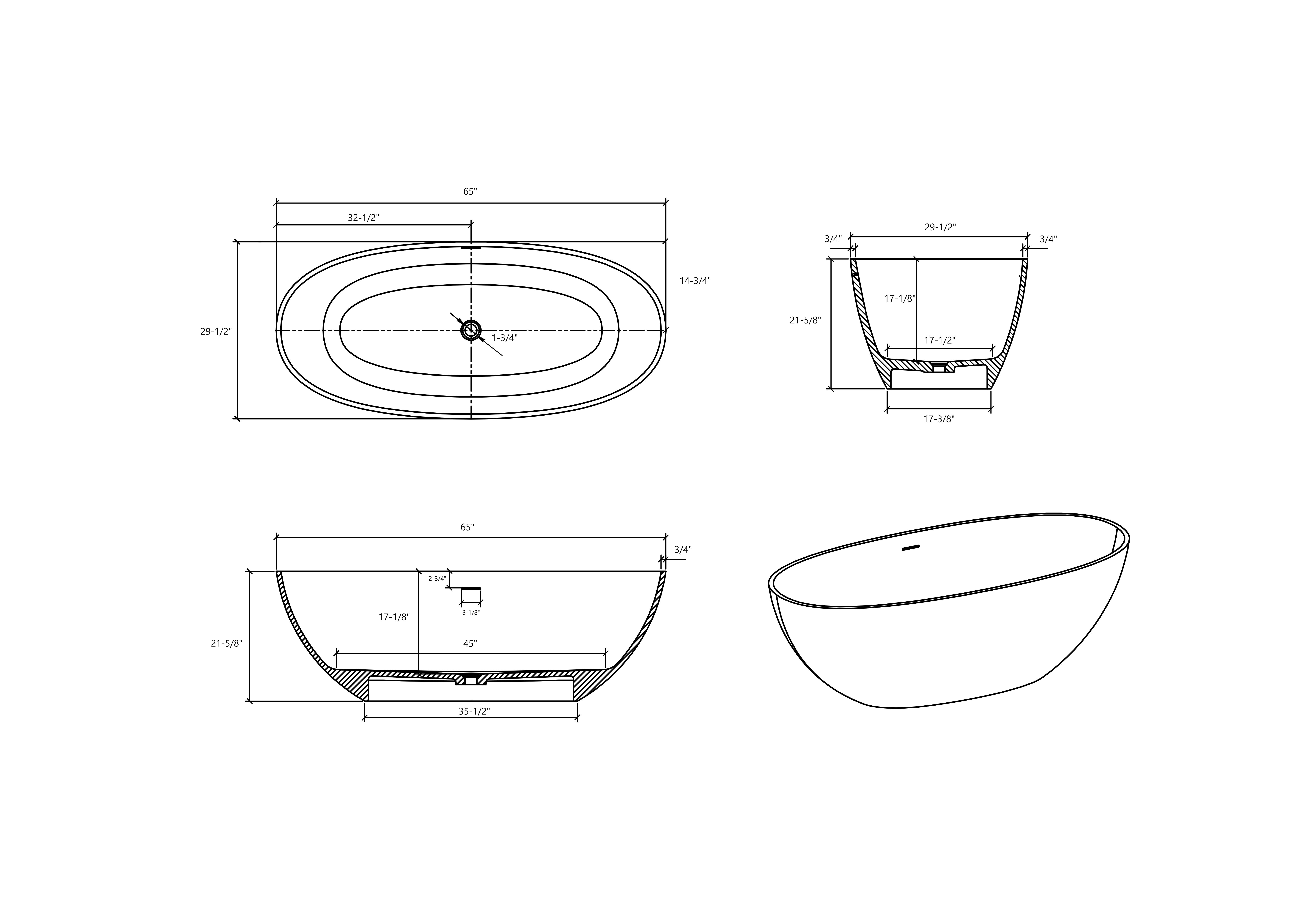 65" Freestanding Solid Surface Bathtub, Luxury Handcrafted Stone Resin Freestanding Soaking Bathtub with Overflow and Pop-up Drain, Matte White 24S06-65MW