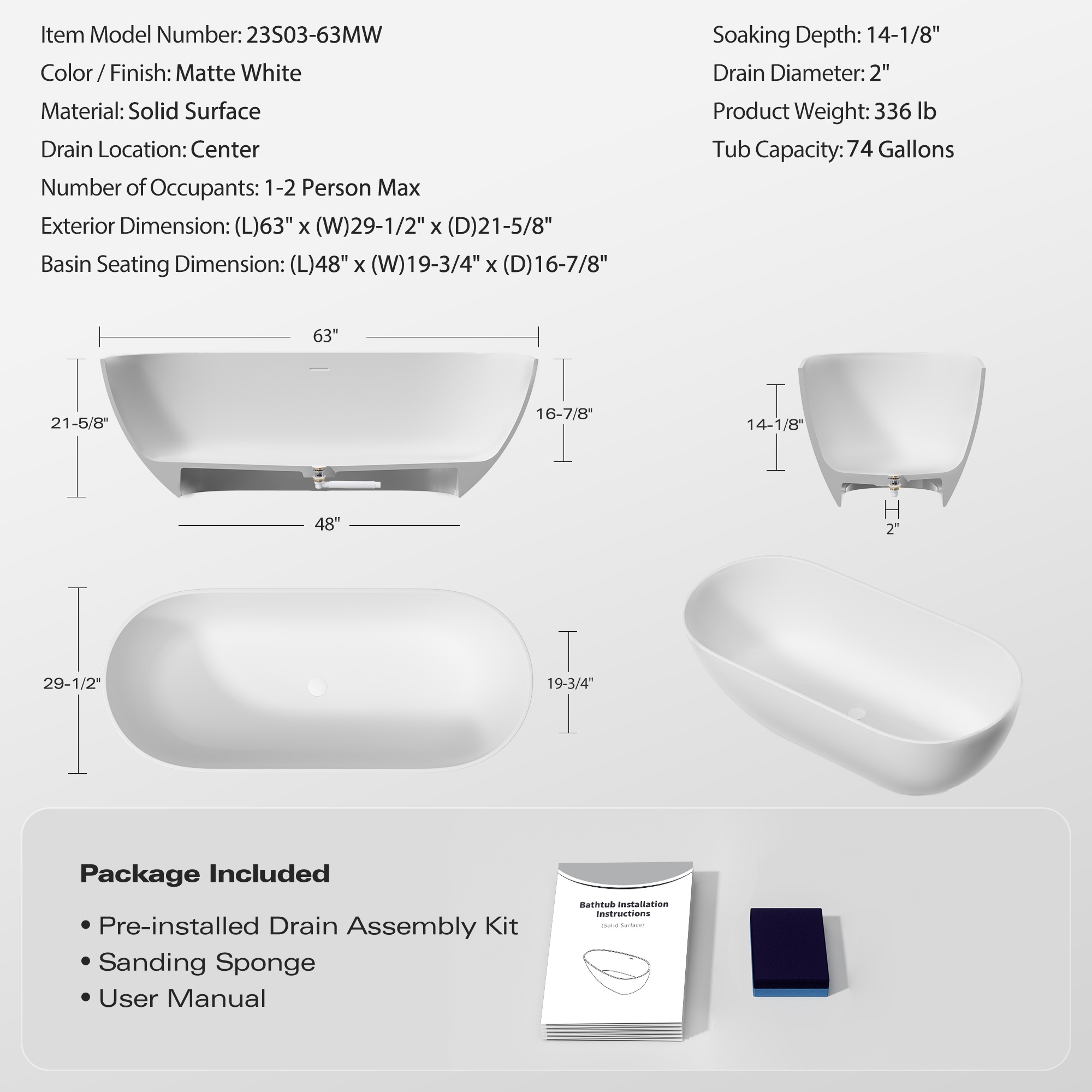 63" Freestanding Solid Surface Bathtub, Luxury Engineered Stone Resin Freestanding Soaking Bathtub with Overflow and Pop-up Drain for Contemporary Bathroom, Matte White 23S03-63MW