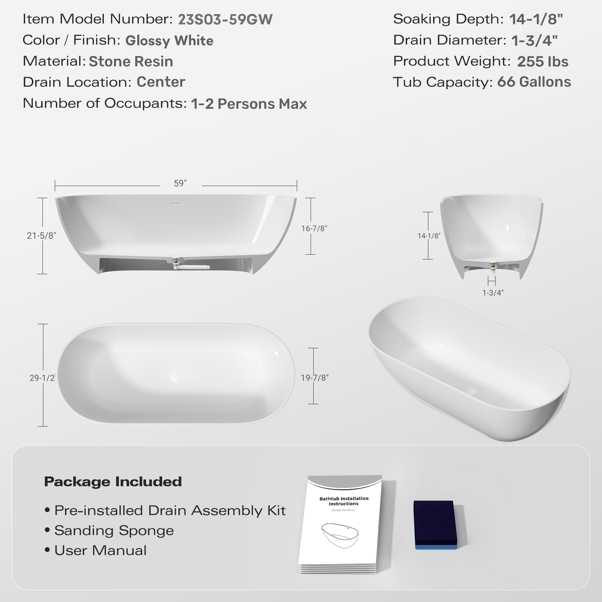 Luxury Handcrafted Stone Resin Freestanding Soaking Bathtub with Overflow in Glossy White, cUPC Certified - 59*29.5 22S03-59GW