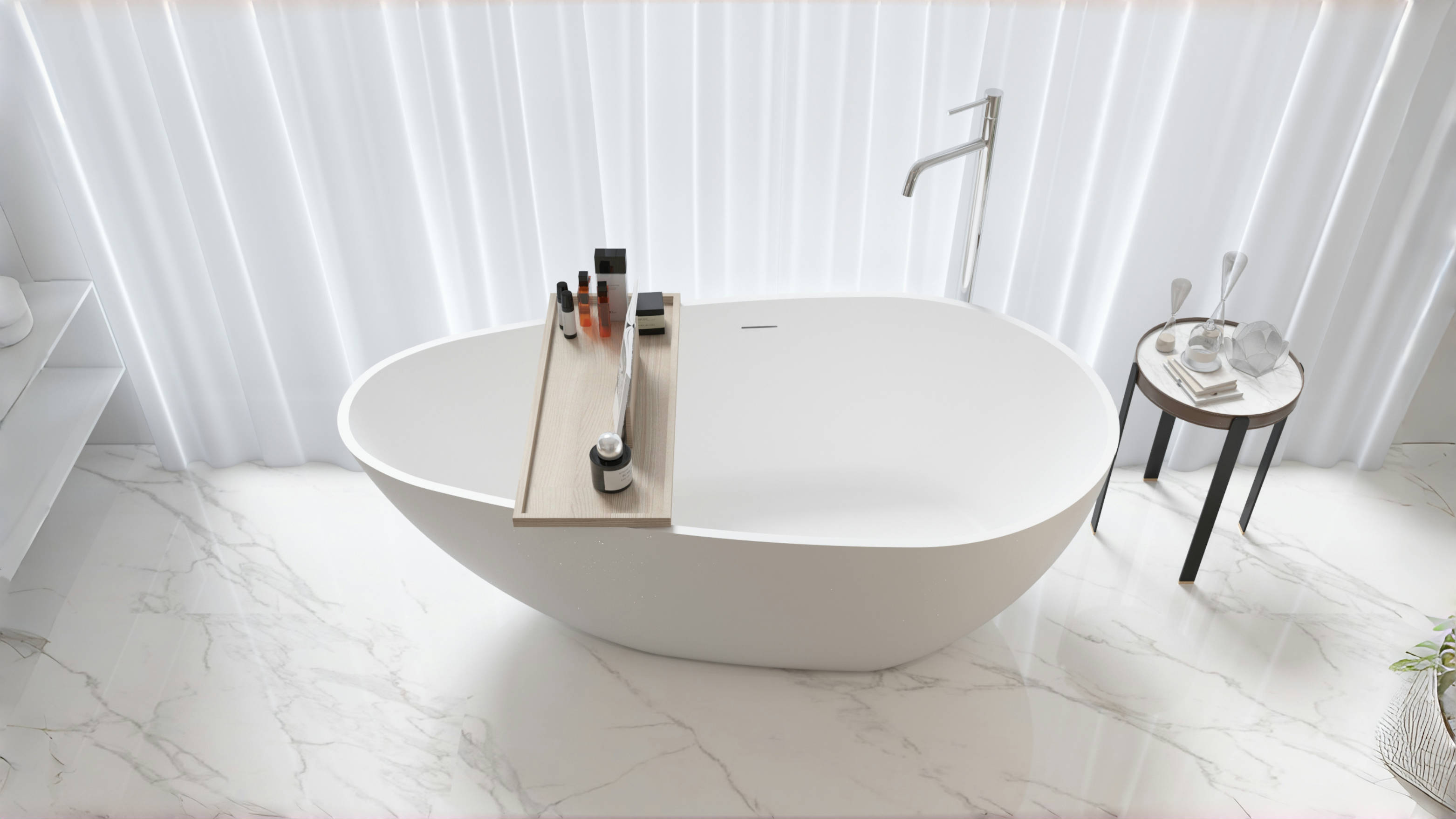 59" Freestanding Solid Surface Bathtub, Luxury Handcrafted Stone Resin Freestanding Soaking Bathtub with Overflow and Pop-up Drain, Matte White 24S02-59MW