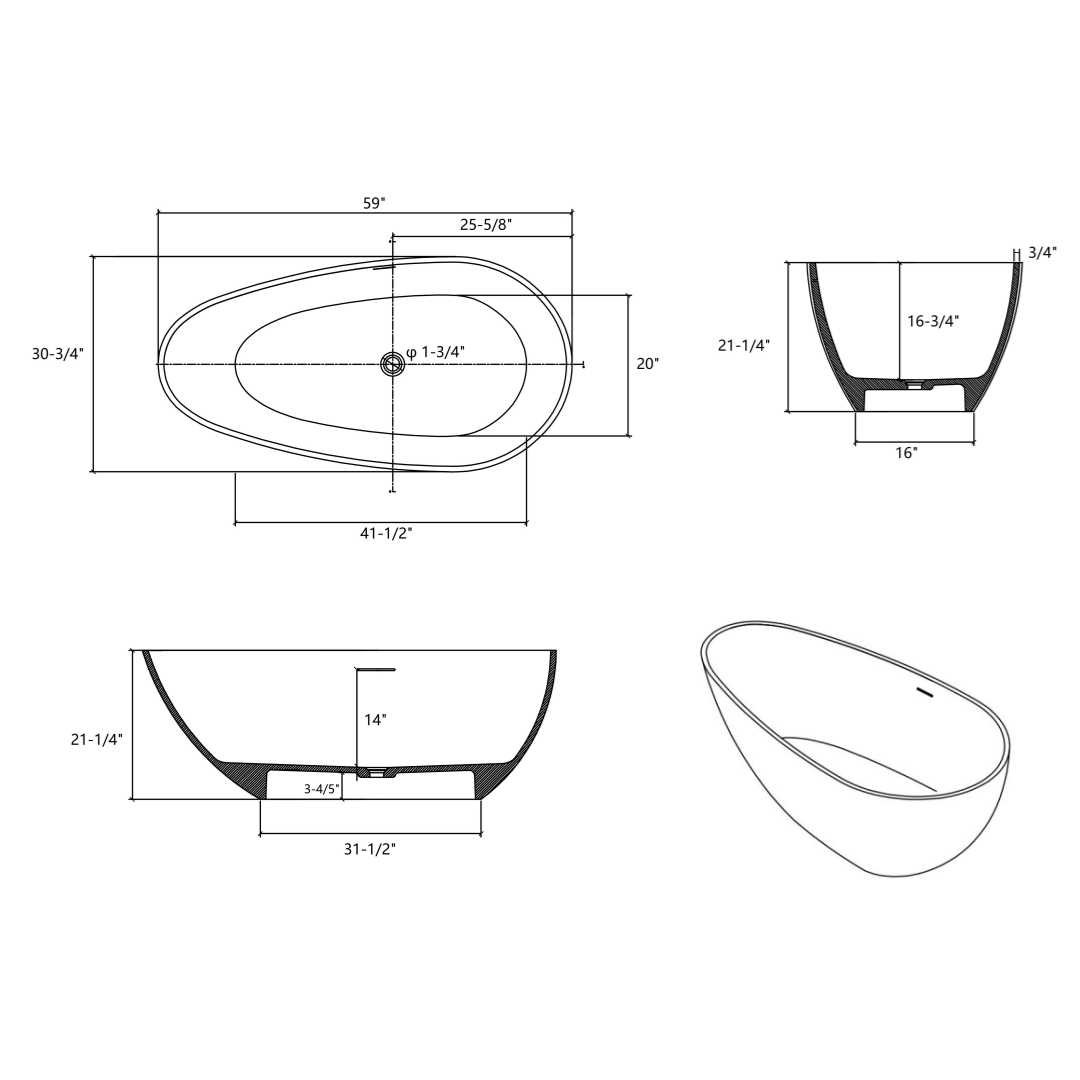 59" Freestanding Solid Surface Bathtub, Luxury Handcrafted Stone Resin Freestanding Soaking Bathtub with Overflow and Pop-up Drain, Matte White 24S02-59MW