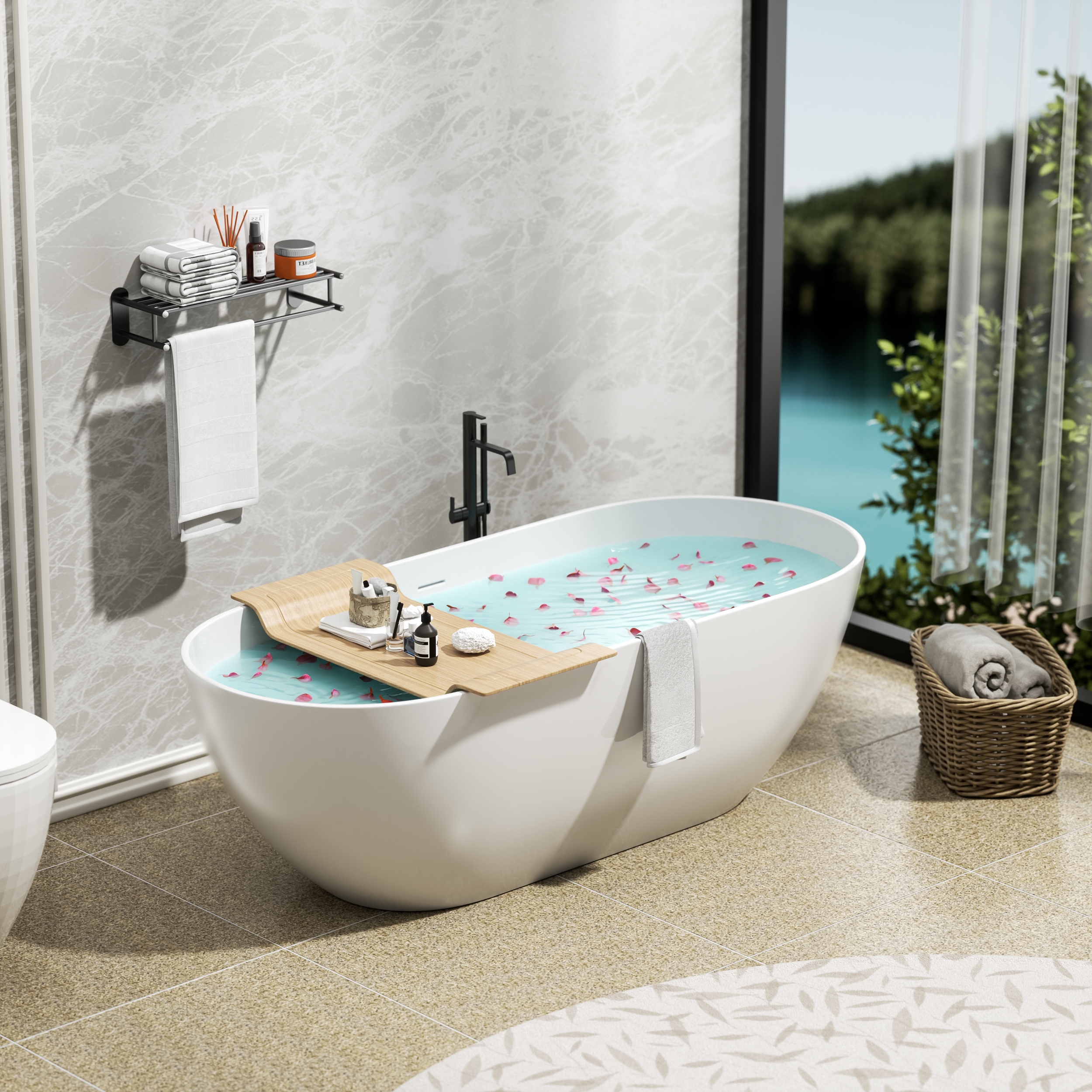 Luxury Handcrafted Stone Resin Freestanding Soaking Bathtub with Overflow in Matte White, cUPC Certified - 24S03-69MW