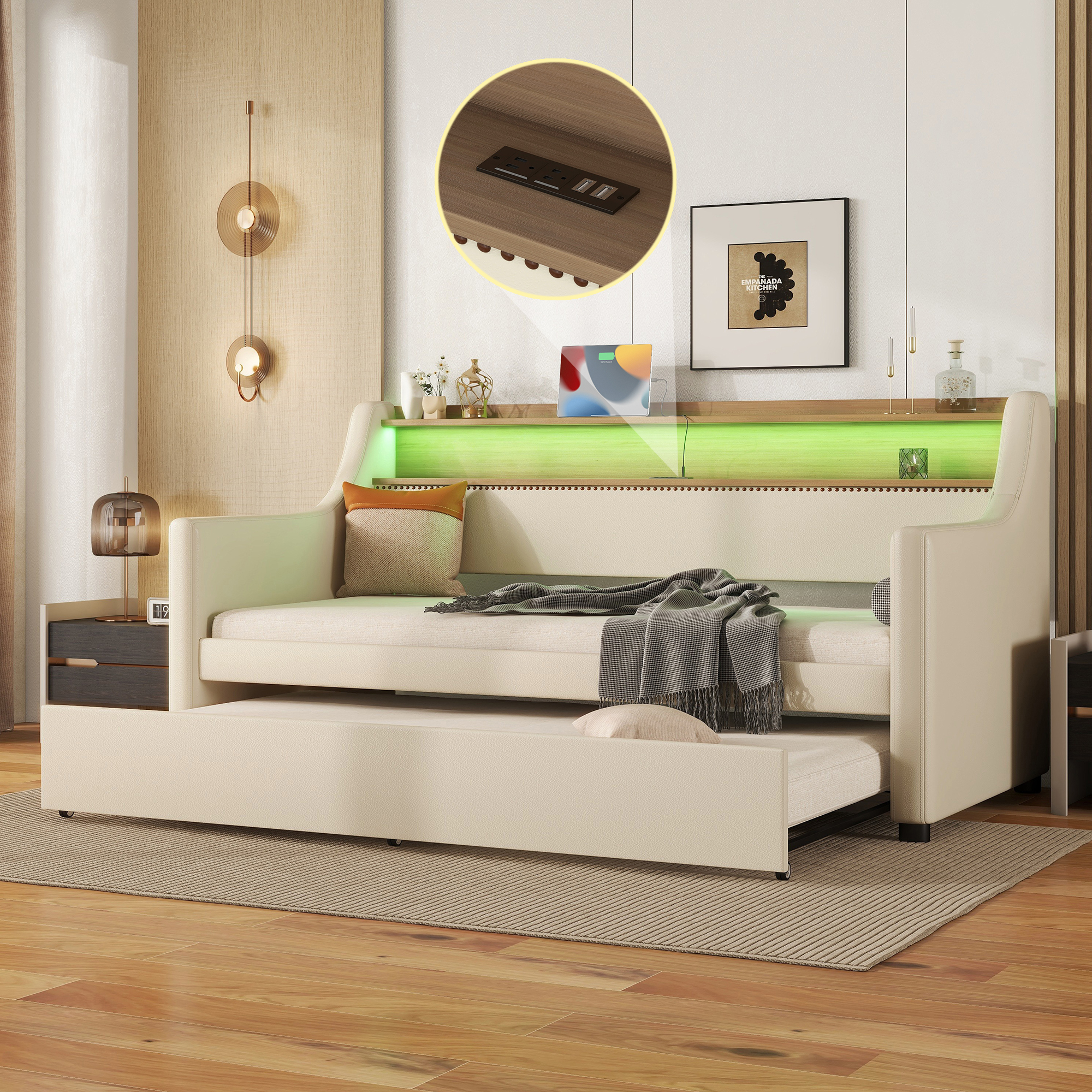 Twin Size Daybed with Trundle, Upholstered Daybed with Charging Station and LED Lights, Beige (Expect arrive date:May 20th.)