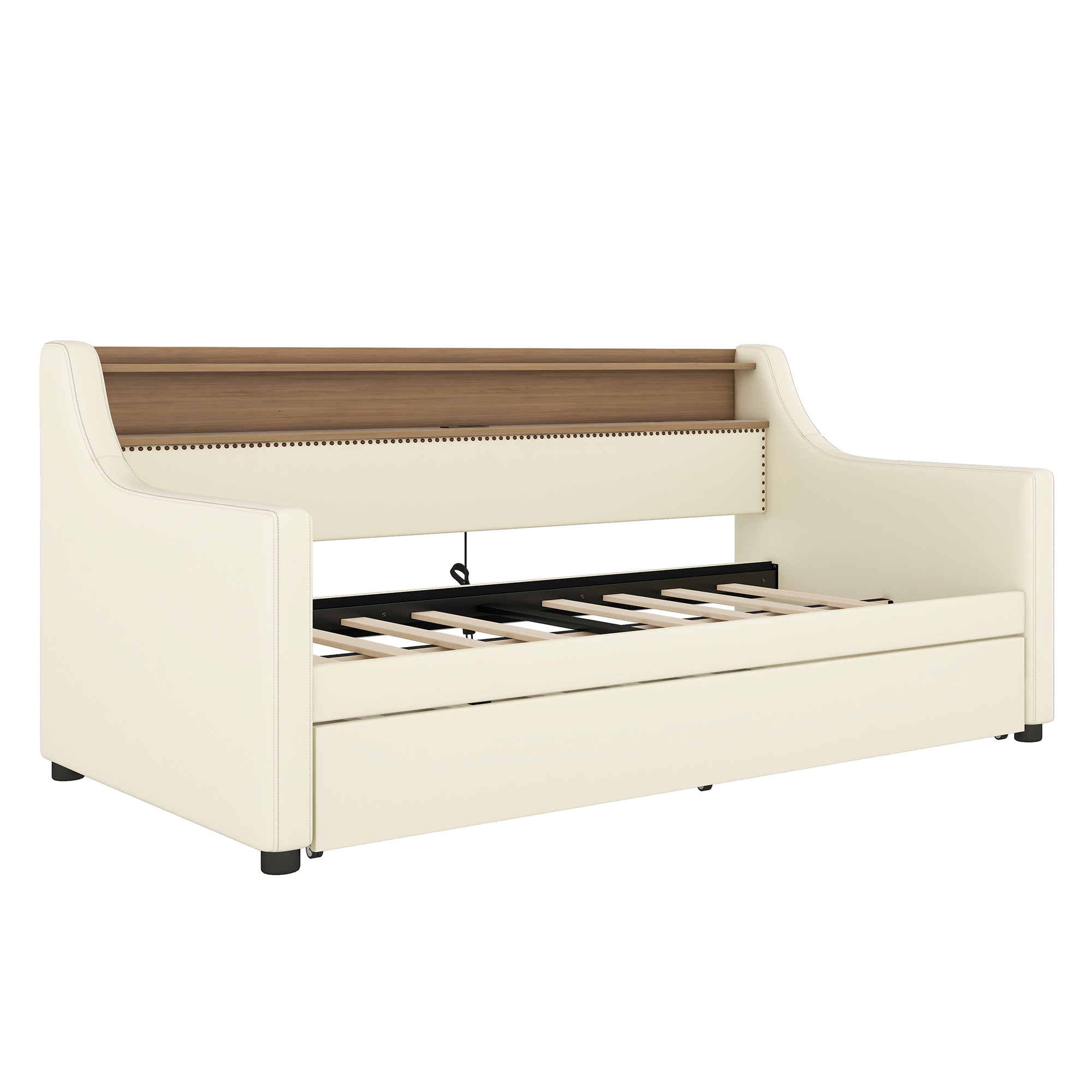 Twin Size Daybed with Trundle, Upholstered Daybed with Charging Station and LED Lights, White (Expect arrive date:May 20th. )