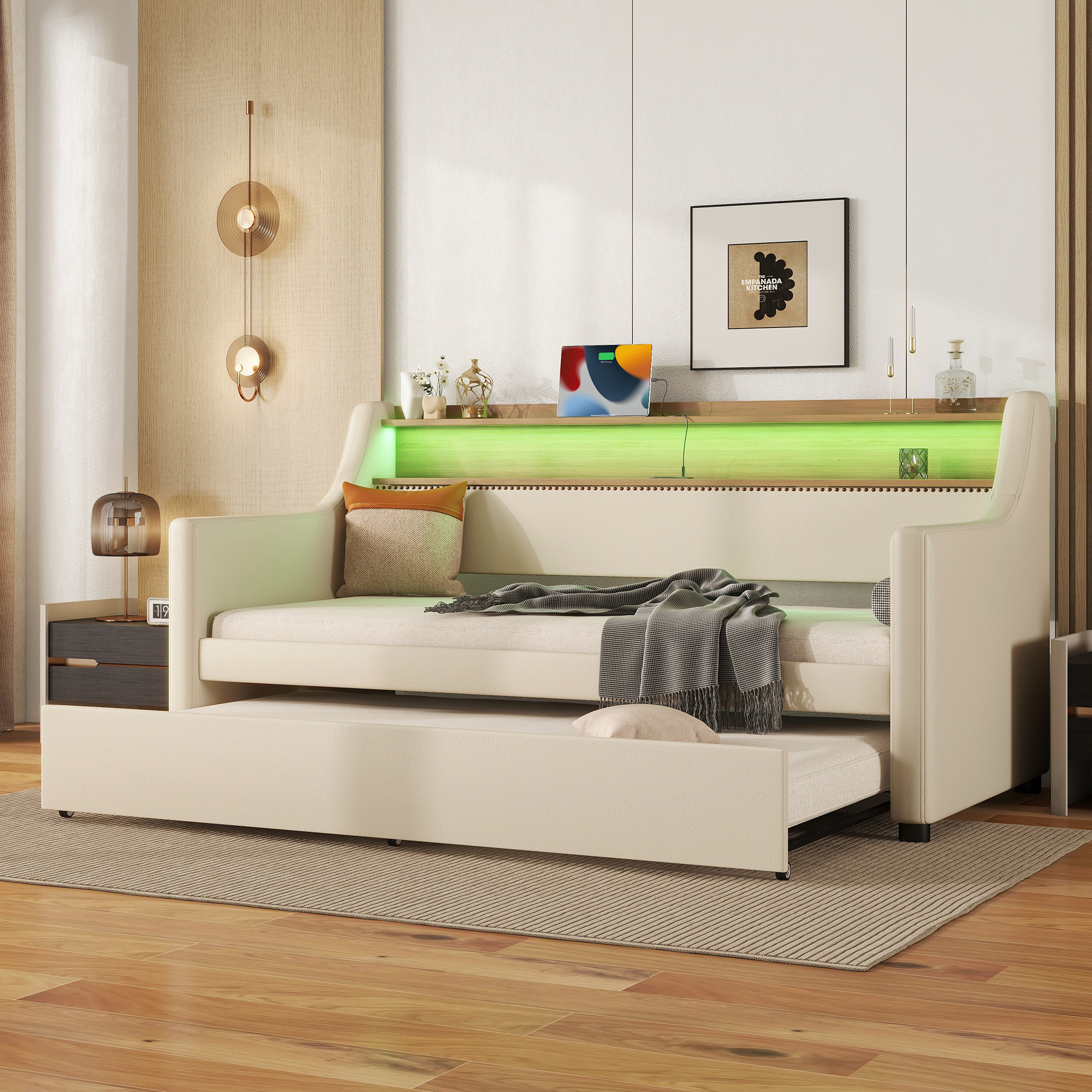 Twin Size Daybed with Trundle, Upholstered Daybed with Charging Station and LED Lights, Beige (Expect arrive date:May 20th.)