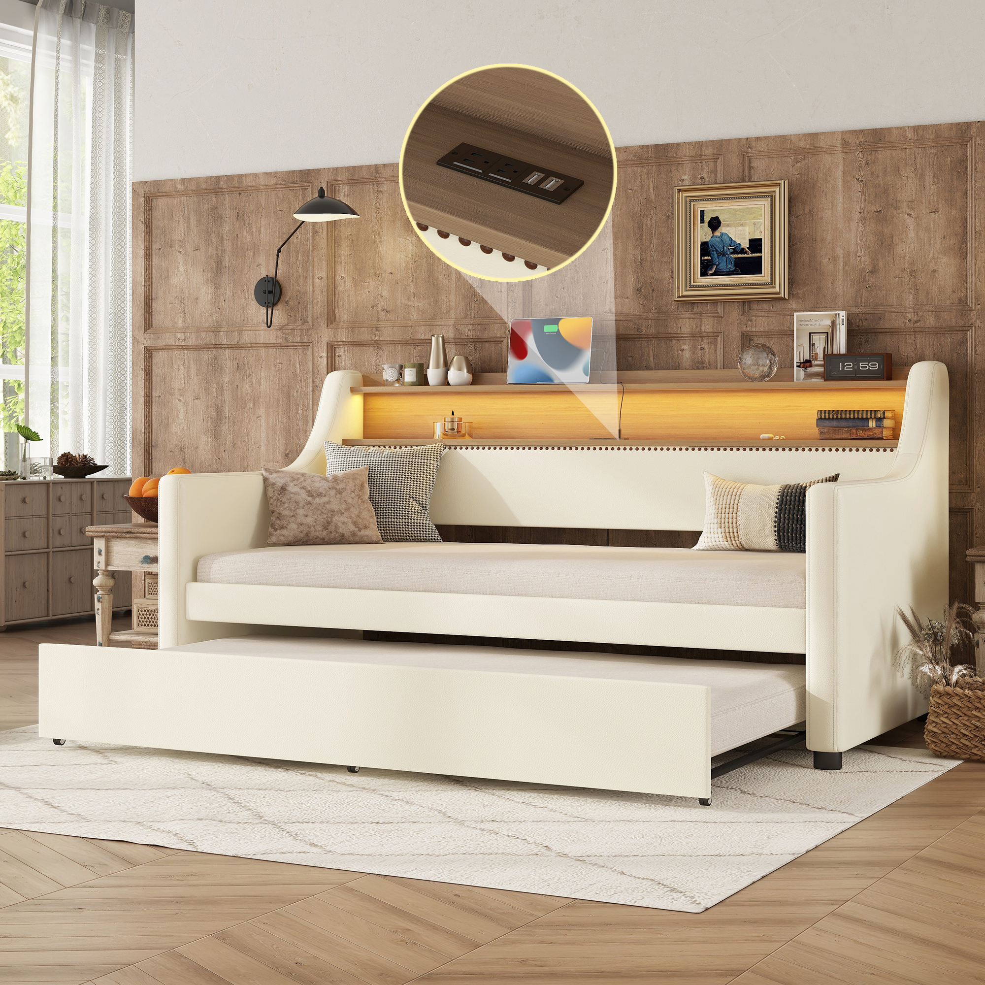 Twin Size Daybed with Trundle, Upholstered Daybed with Charging Station and LED Lights, White (Expect arrive date:May 20th. )