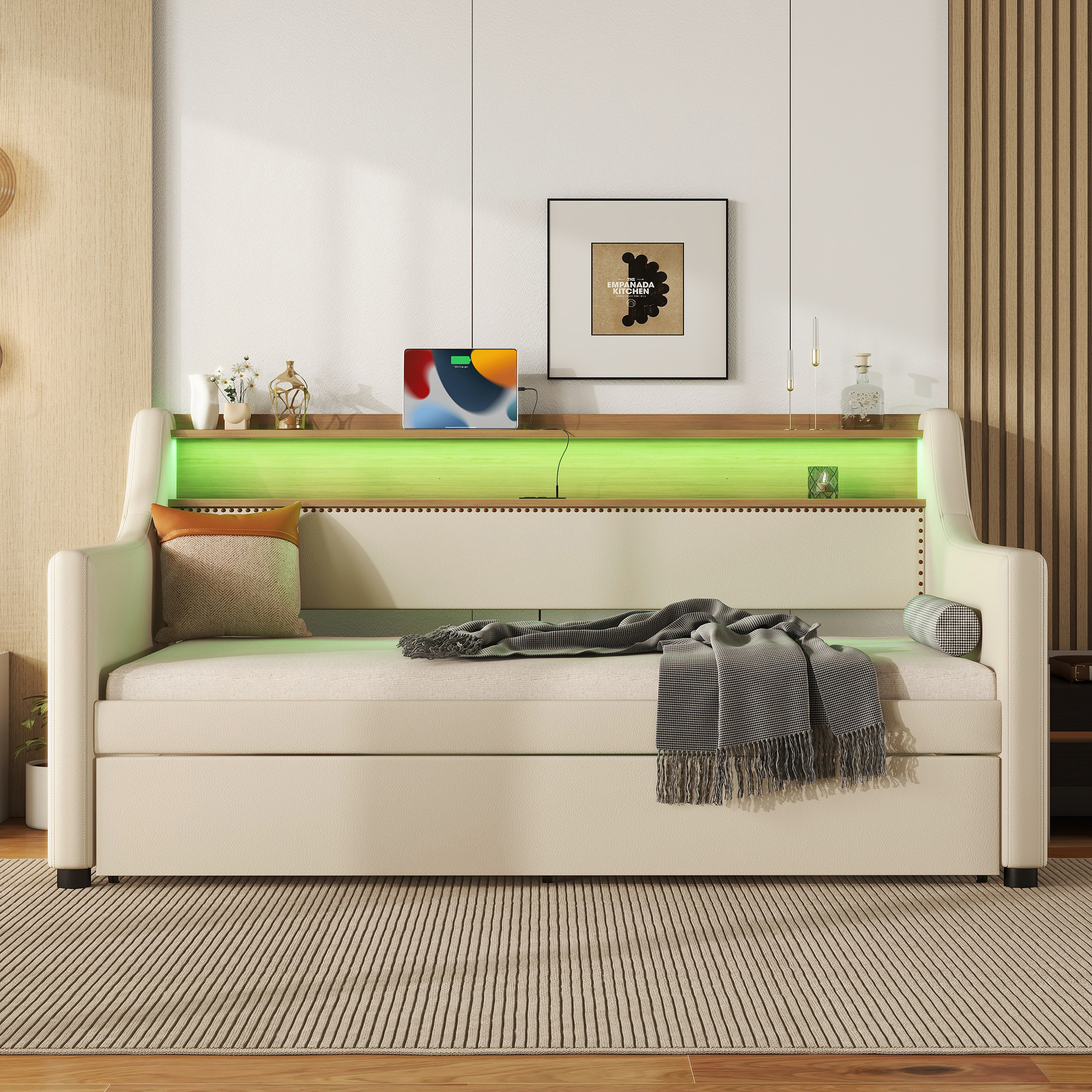 Twin Size Daybed with Trundle, Upholstered Daybed with Charging Station and LED Lights, Beige (Expect arrive date:May 20th.)