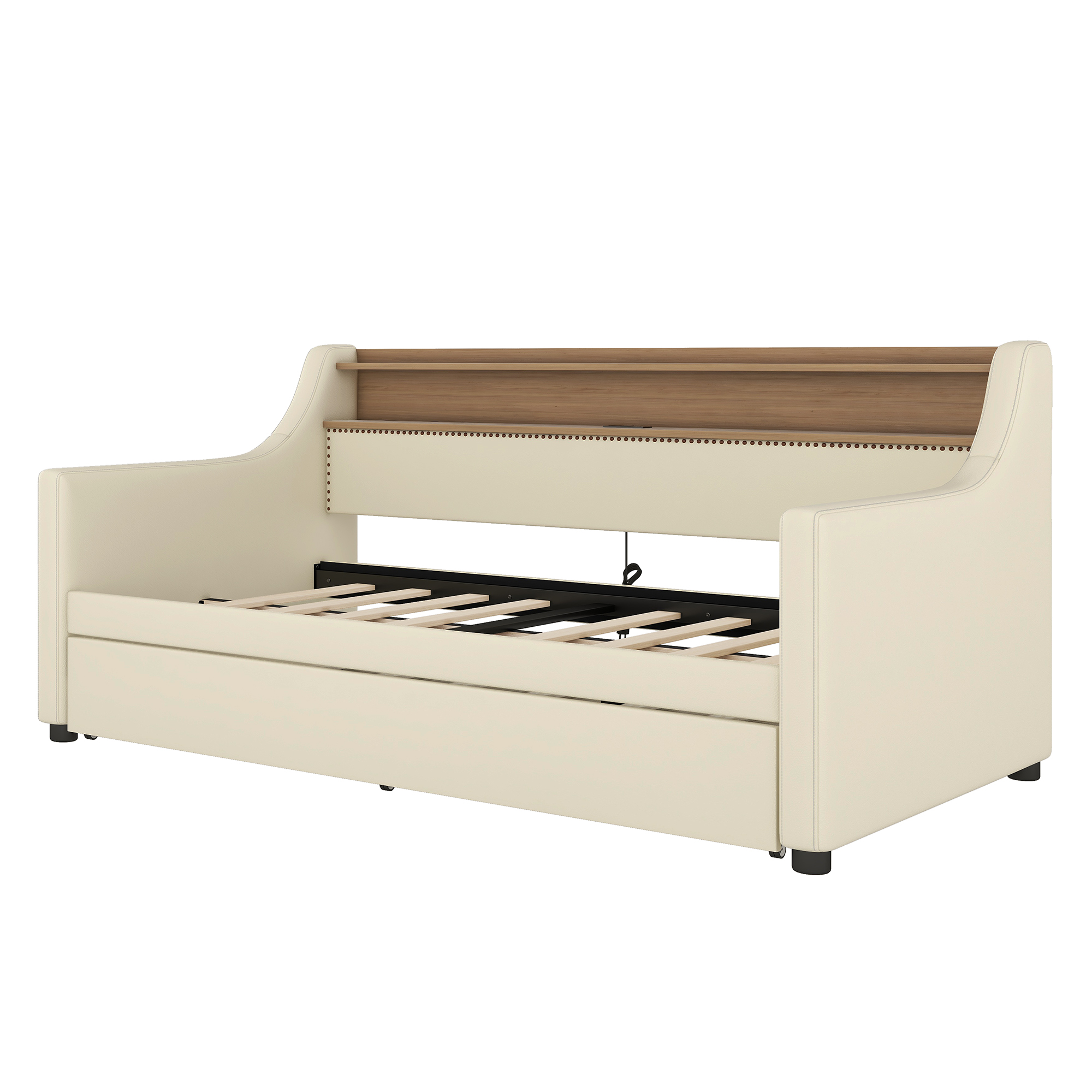 Twin Size Daybed with Trundle, Upholstered Daybed with Charging Station and LED Lights, Beige (Expect arrive date:May 20th.)