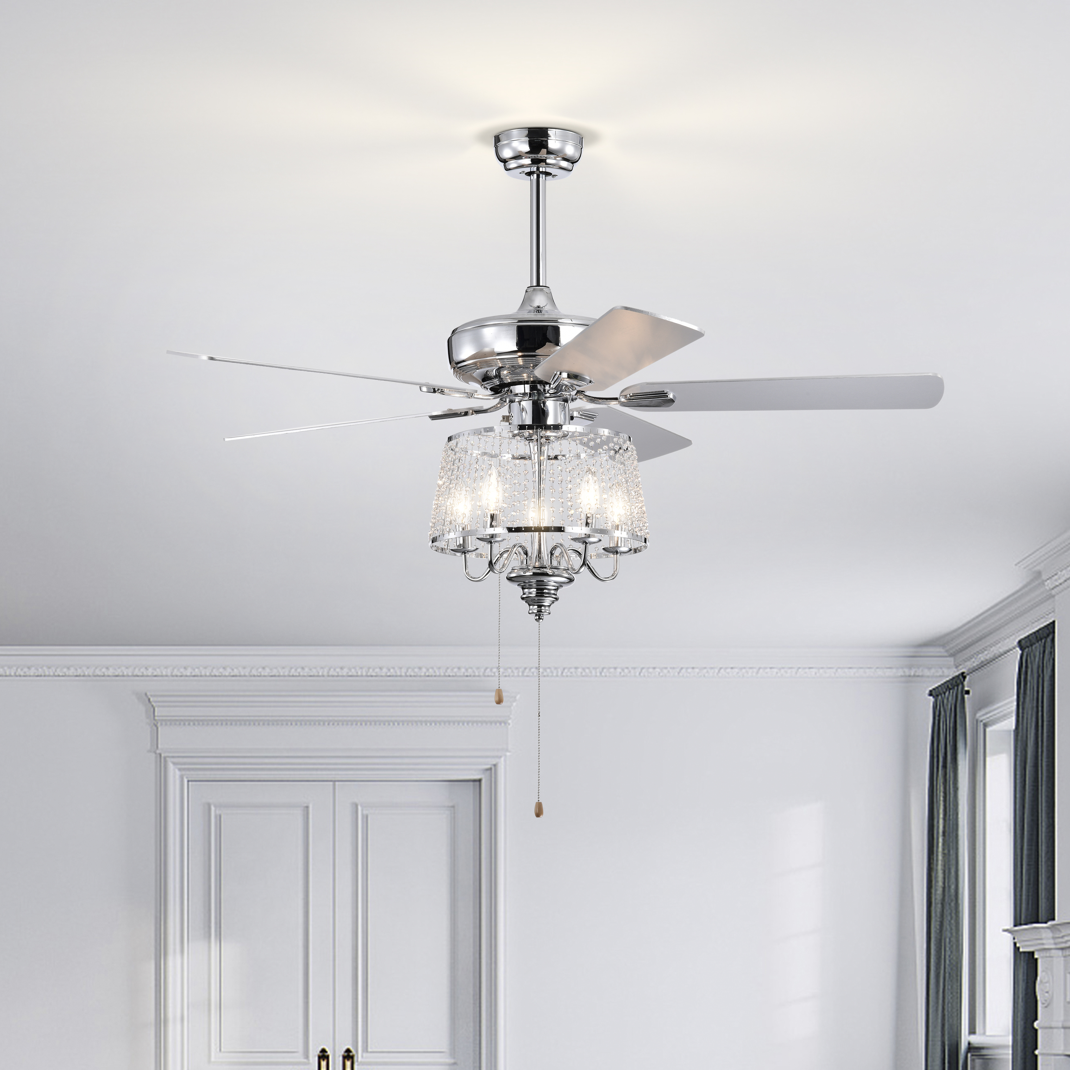 52 Inch Crystal Ceiling Fan , Modern Electrical Fan with 5 Wood Reversible Blades,  4 Bulbs Not Included,Noiseless Reversible AC Motor for Bedroom/Living Room/Study/Patio Home Decoration  (Chrome)