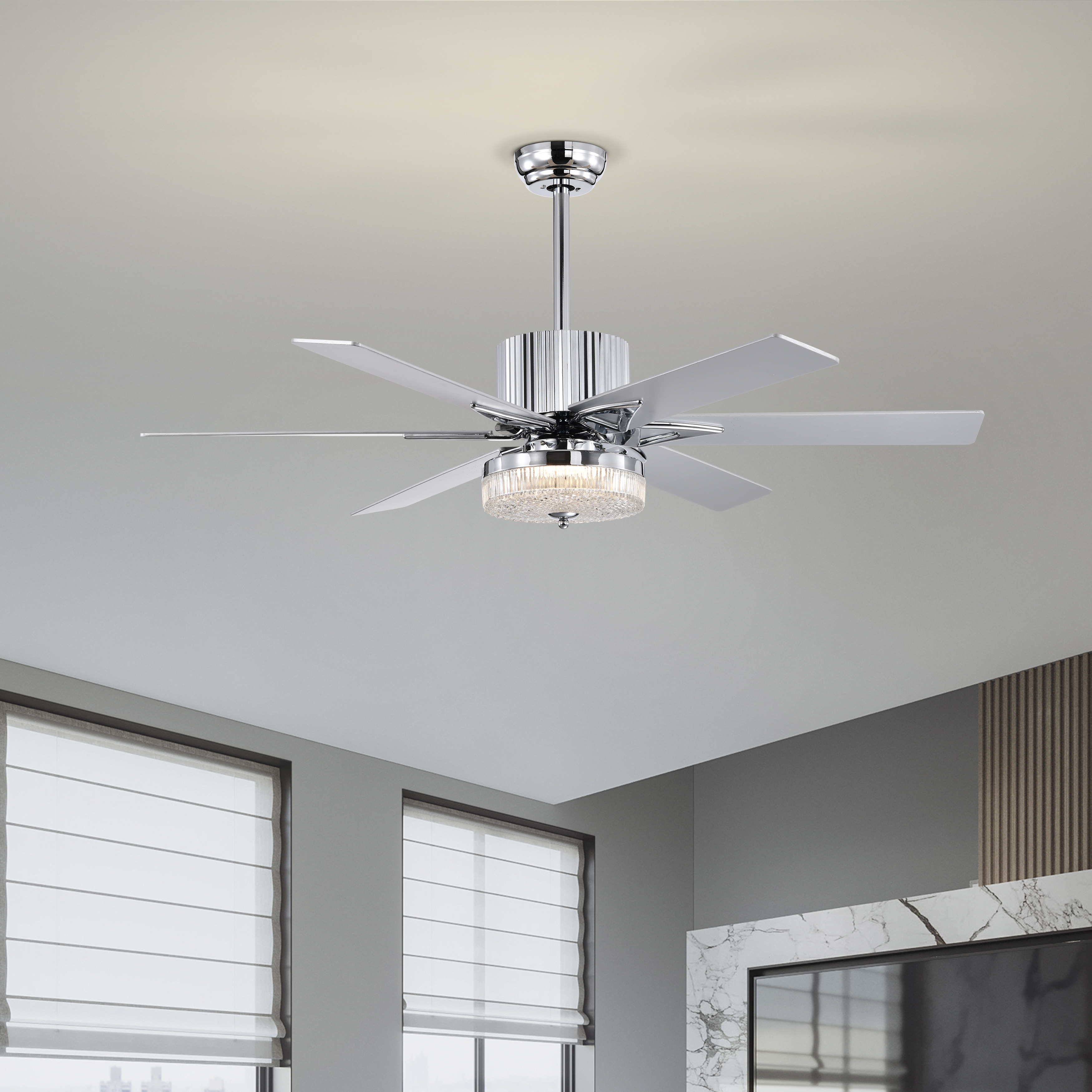 52'' Modern Ceiling Fans with Remote,Wood Ceiling Fan with Lights,LED Ceiling Fan Light with 6 Blade,3 Speed AC Motor Indoor Ceiling Fan for Patio,Living Room,Bedroom--Chrome