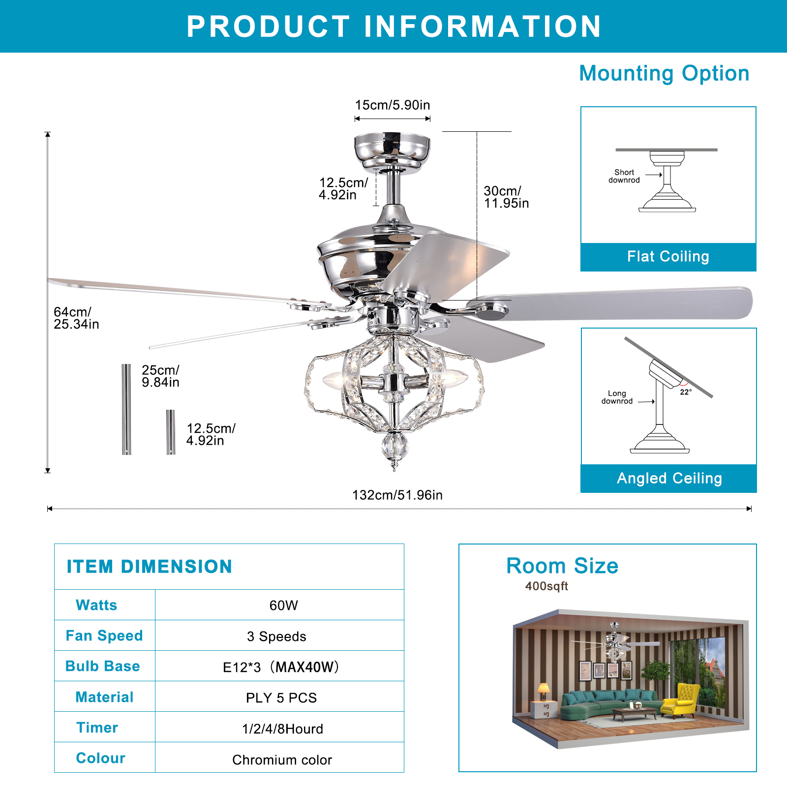 Crystal Ceiling Fan with Lights Fandelier Chandelier Reversible Blades 3 Wind Speeds Remote Control for Bedroom Living Dining Room Chrome 52 Inch