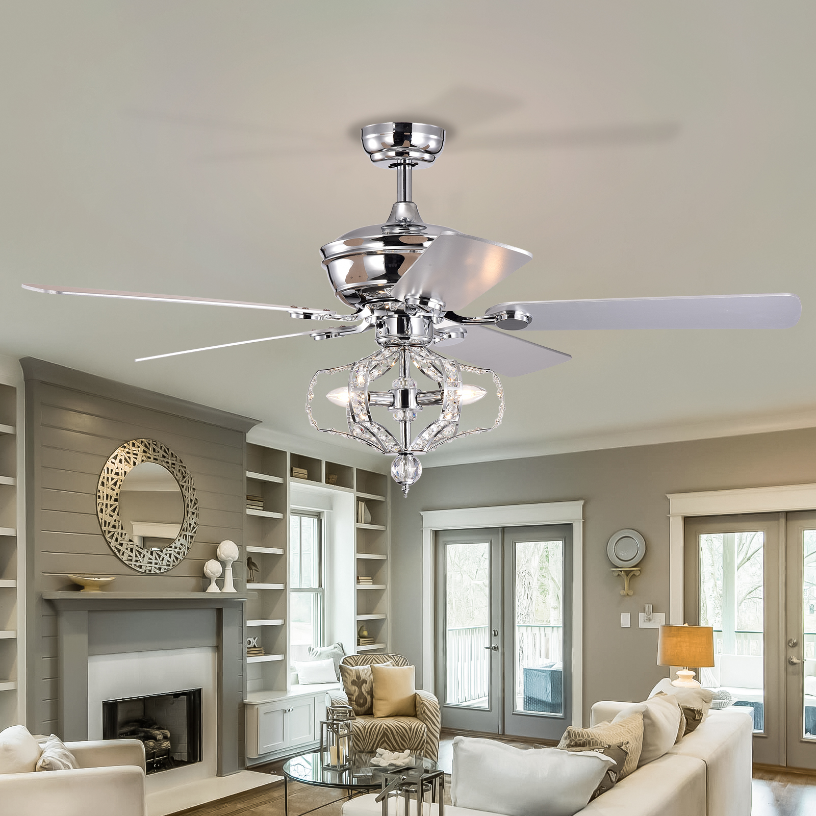 Crystal Ceiling Fan with Lights Fandelier Chandelier Reversible Blades 3 Wind Speeds Remote Control for Bedroom Living Dining Room Chrome 52 Inch