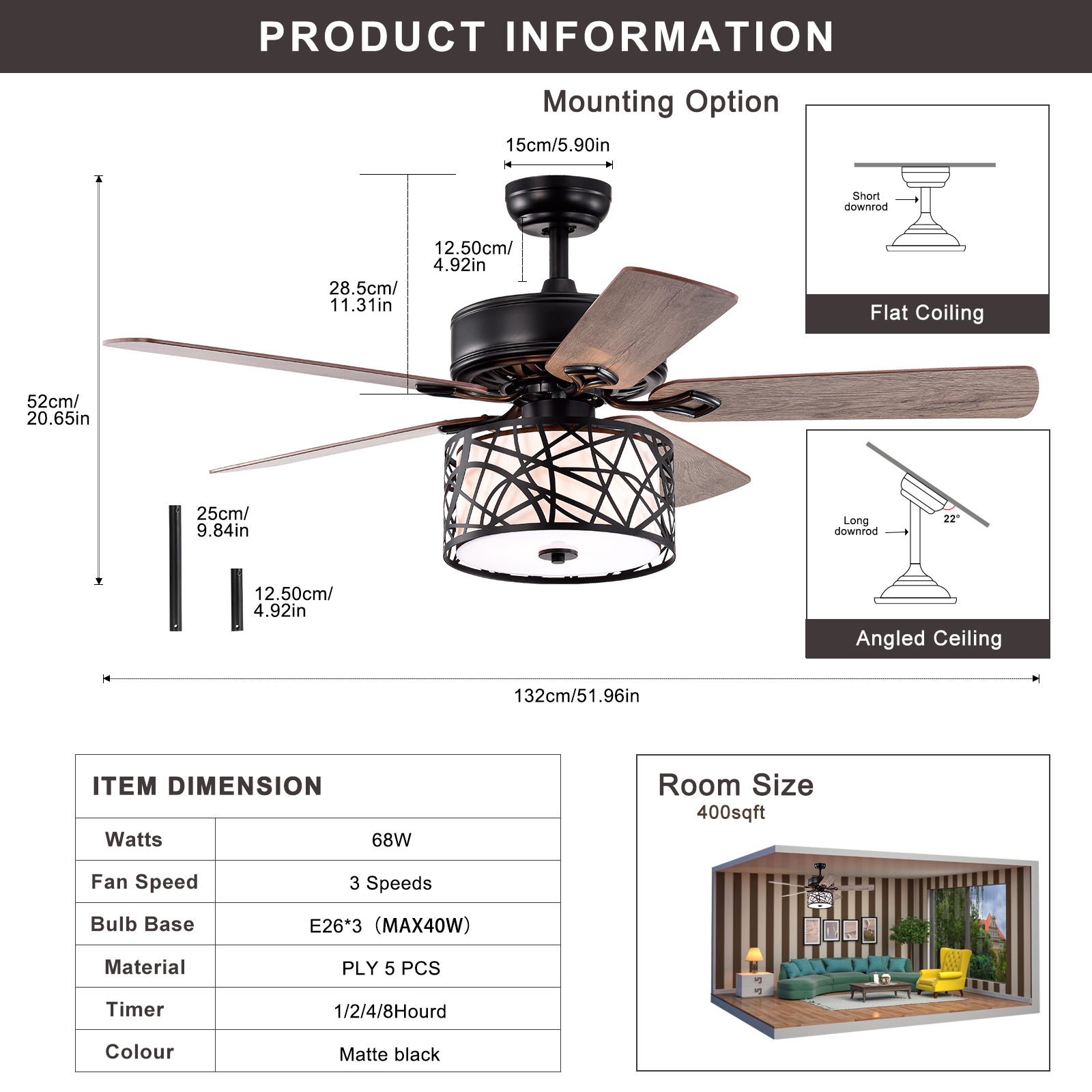 52'' Low Profile Ceiling Fan with Lights(no include bulb),Blade Dark Wood Ceiling fan